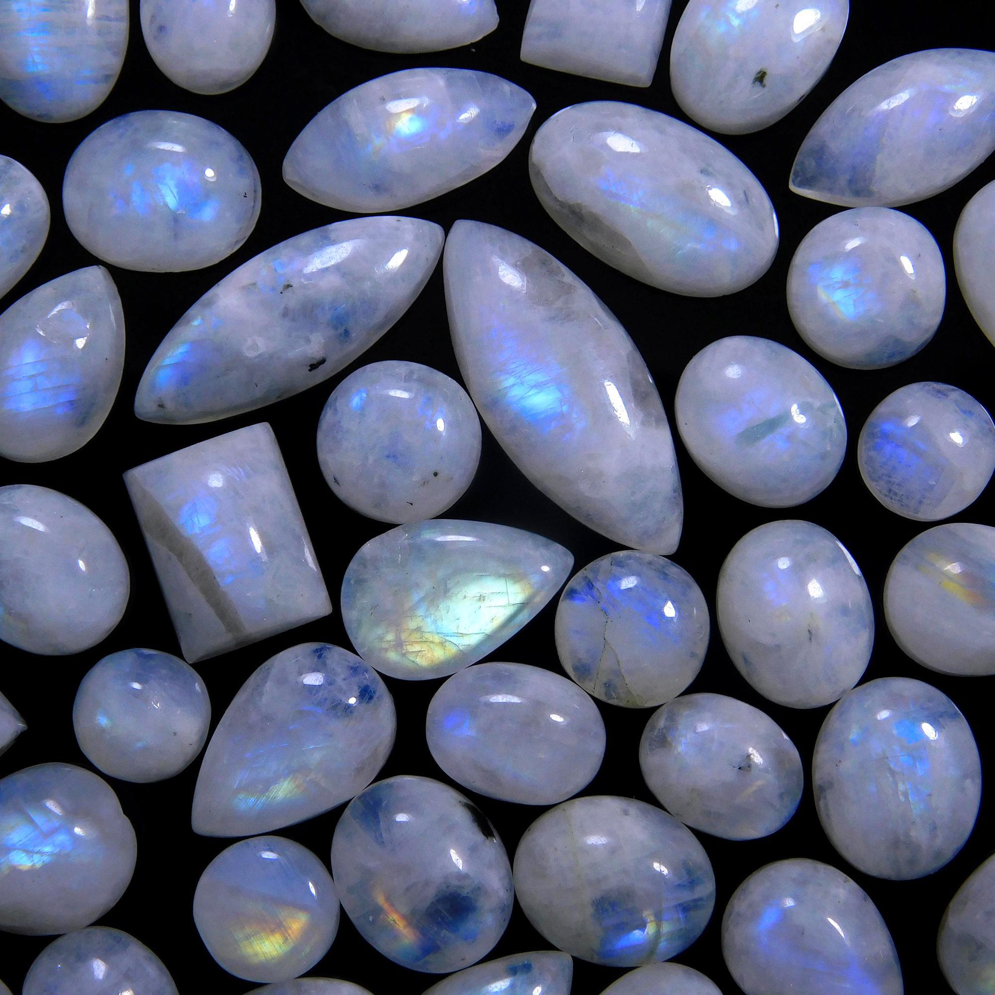 55 Pcs 246 Cts Natural Rainbow Moonstone Gemstone Cabochon Lot 7x9-9x23mm14019