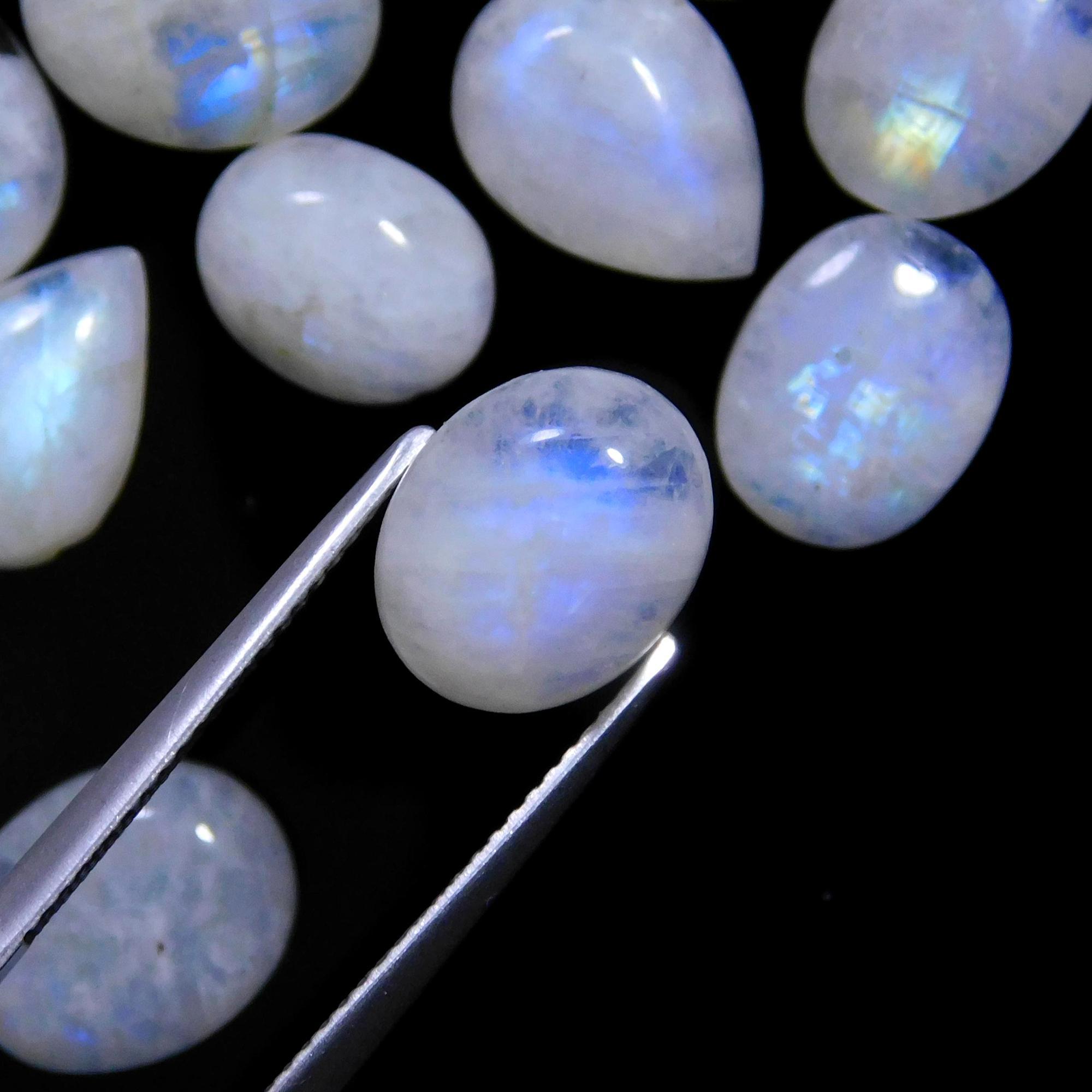 55 Pcs 246 Cts Natural Rainbow Moonstone Gemstone Cabochon Lot 7x9-9x23mm14019