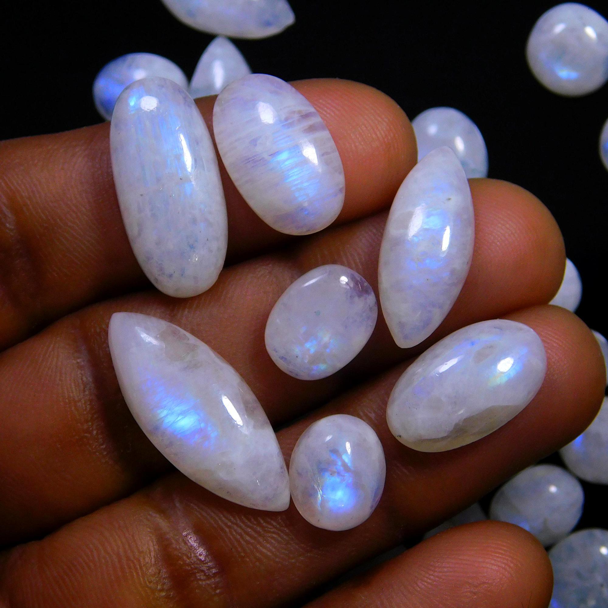 55 Pcs 246 Cts Natural Rainbow Moonstone Gemstone Cabochon Lot 7x9-9x23mm14019