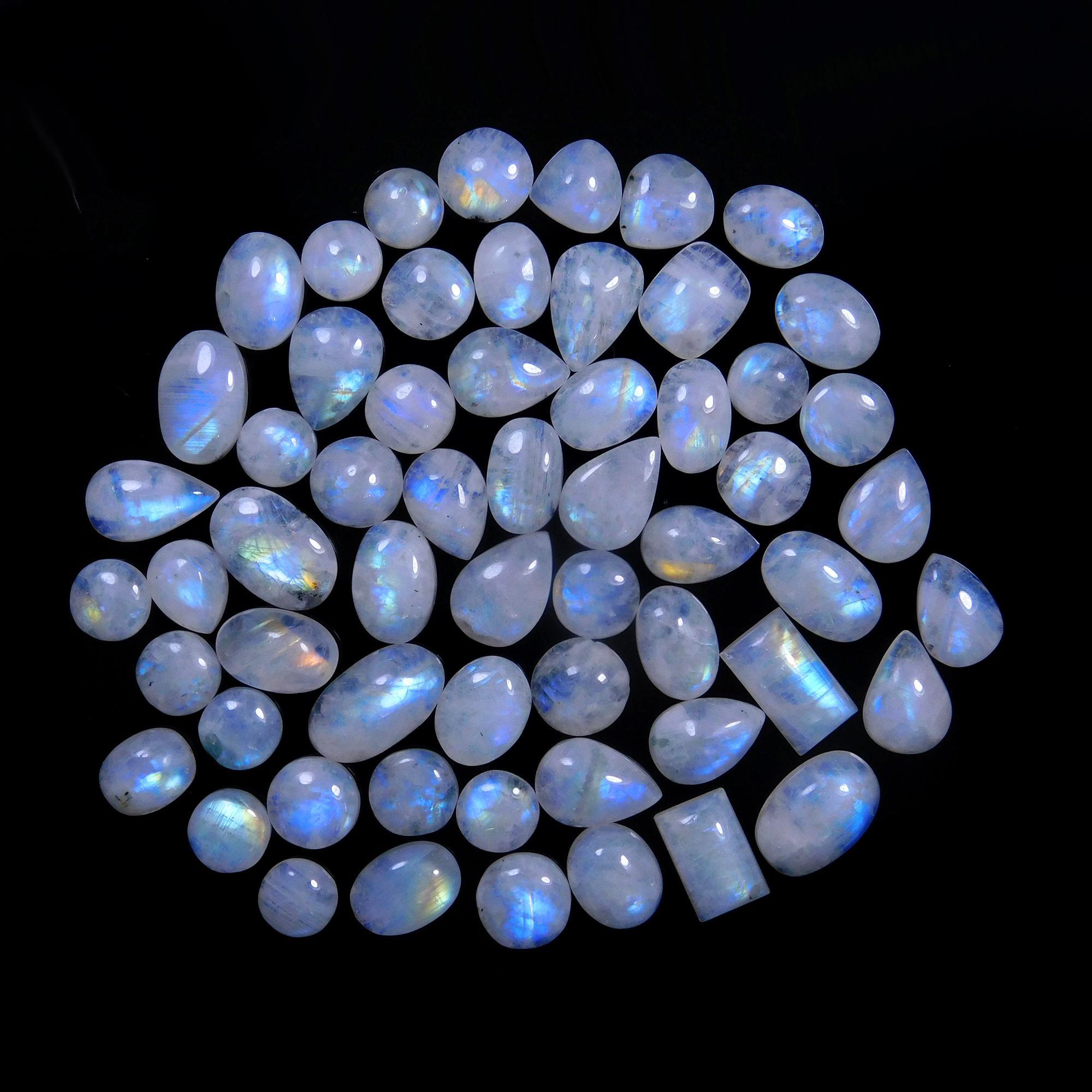 59 Pcs 210 Cts Natural Rainbow Moonstone Gemstone Cabochon Lot 7x10-8x15mmR-14020