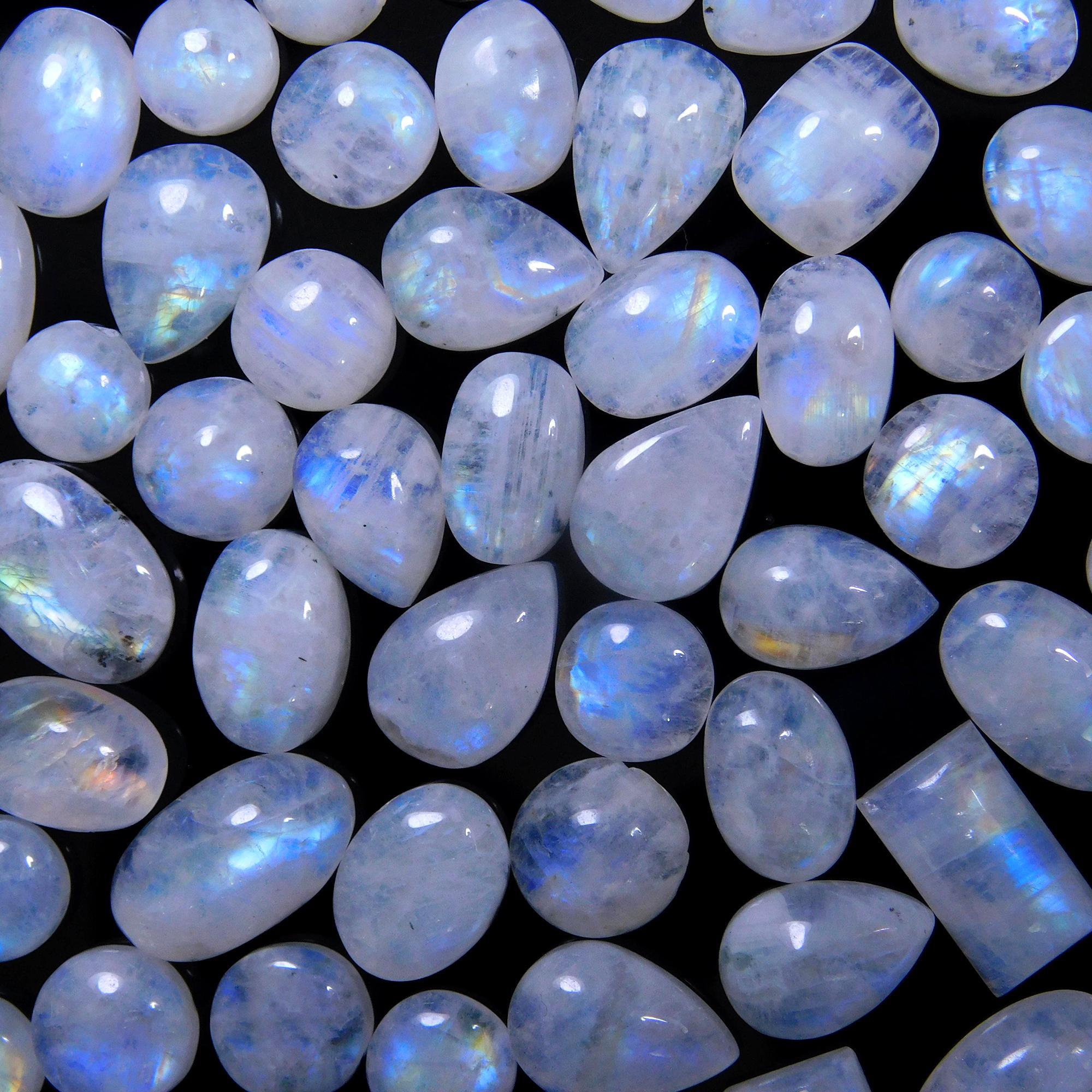 59 Pcs 210 Cts Natural Rainbow Moonstone Gemstone Cabochon Lot 7x10-8x15mmR-14020
