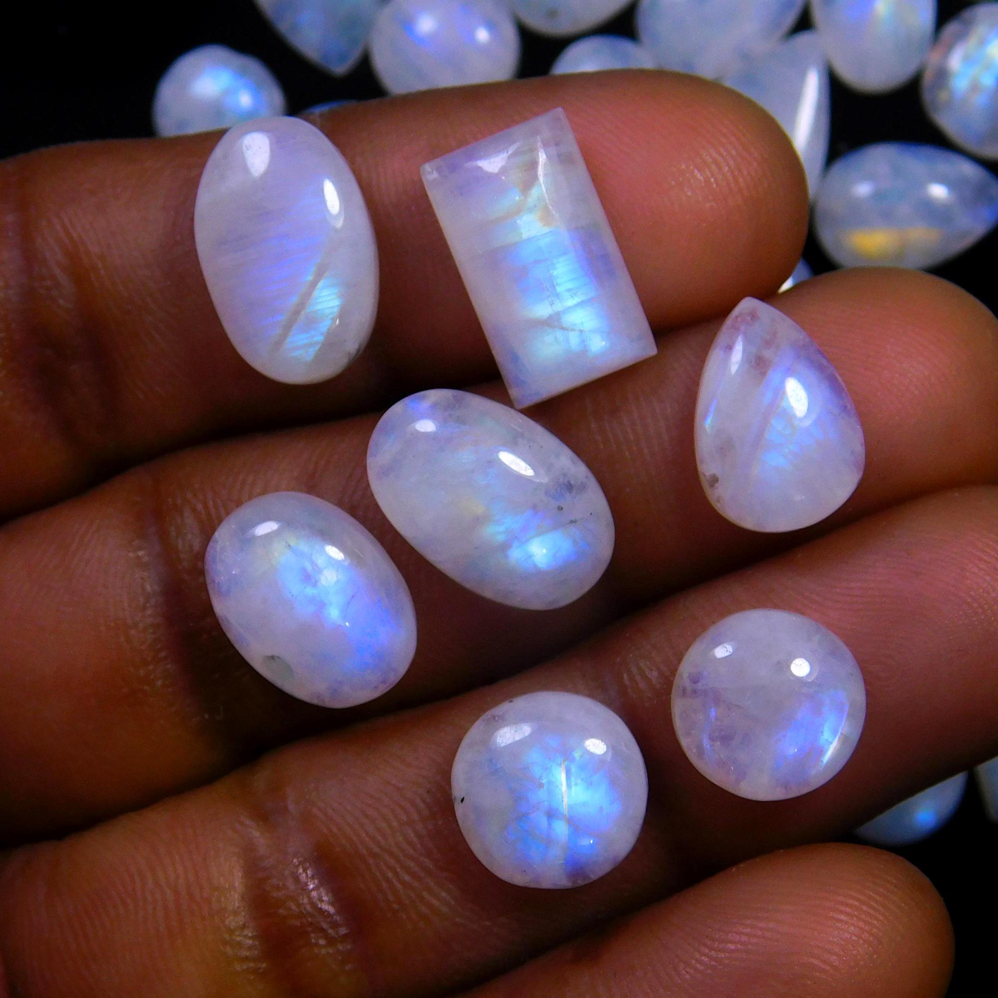 59 Pcs 210 Cts Natural Rainbow Moonstone Gemstone Cabochon Lot 7x10-8x15mmR-14020