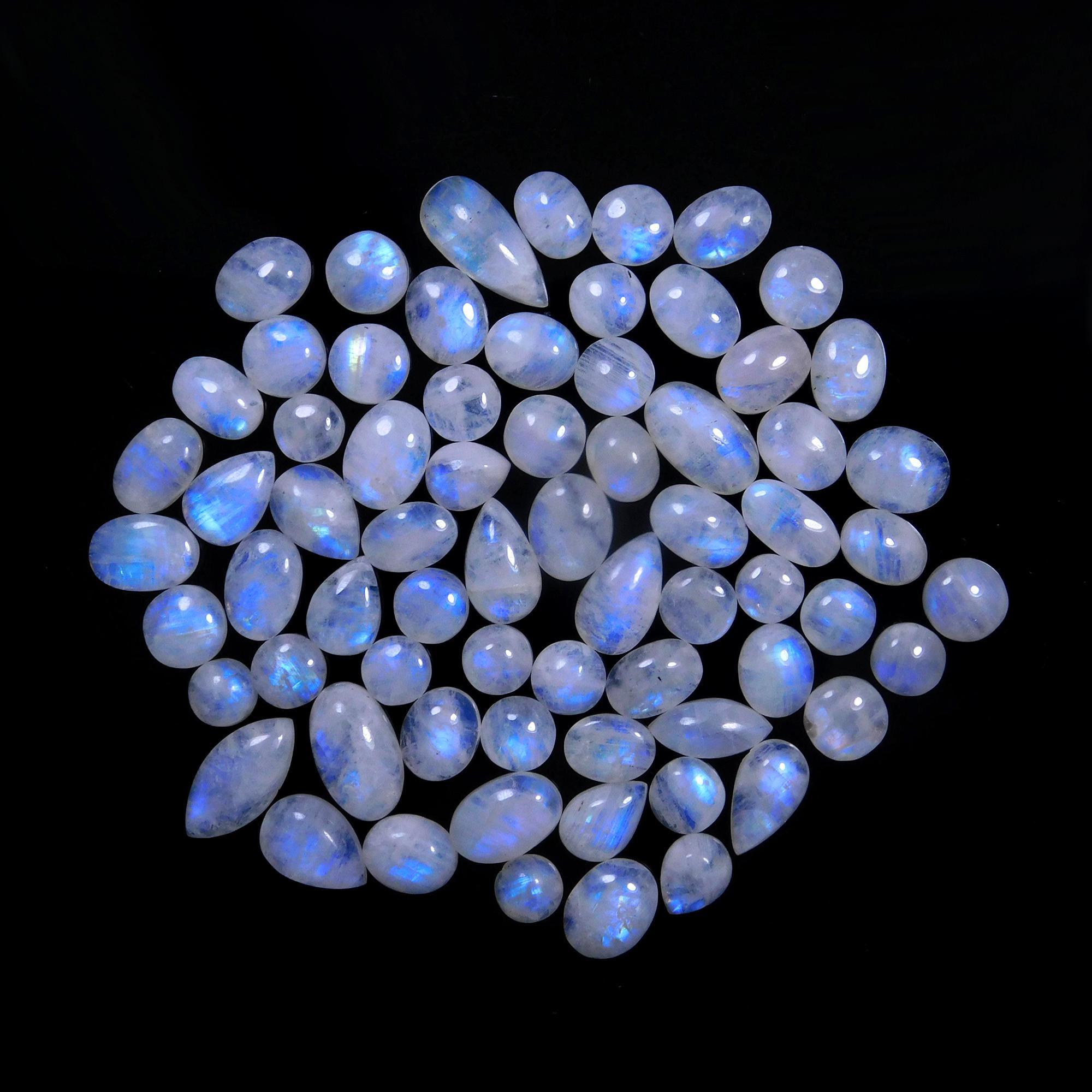 69 Pcs 257 Cts Natural Rainbow Moonstone Gemstone Cabochon Lot 7x10-8x18mm14021
