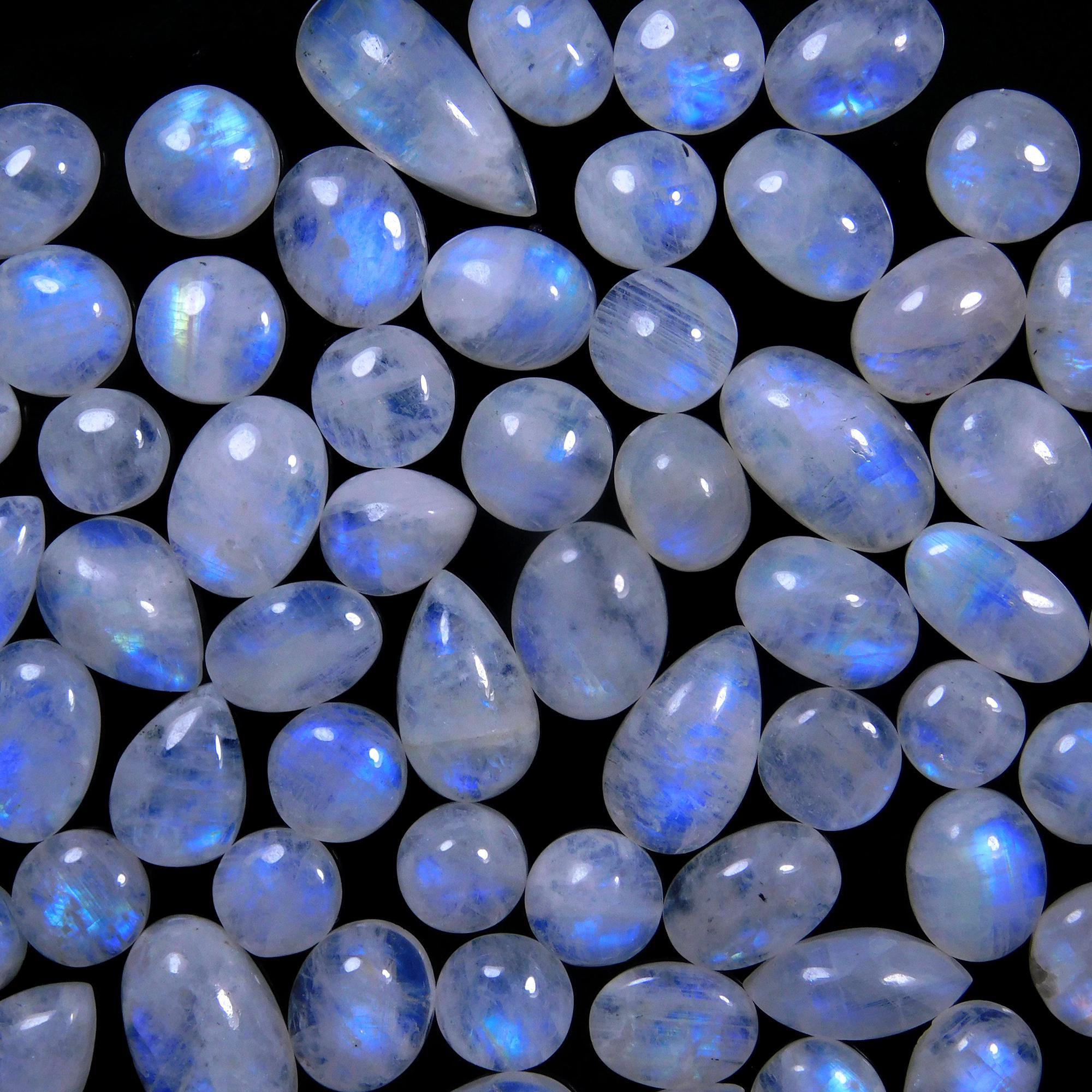 69 Pcs 257 Cts Natural Rainbow Moonstone Gemstone Cabochon Lot 7x10-8x18mm14021