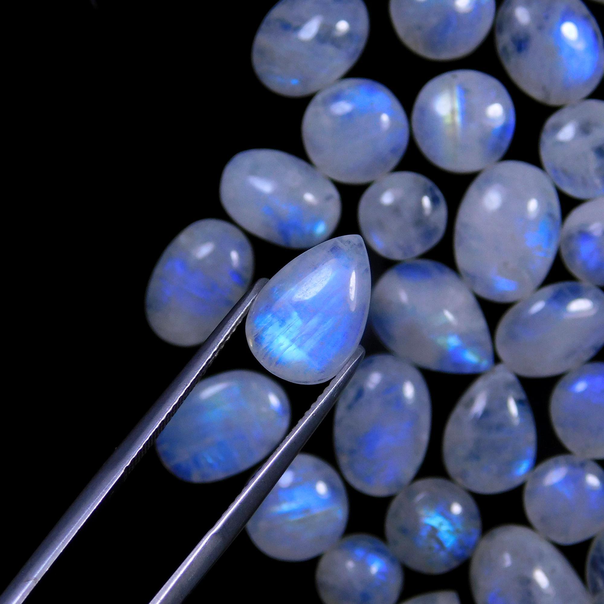 69 Pcs 257 Cts Natural Rainbow Moonstone Gemstone Cabochon Lot 7x10-8x18mmR-14021