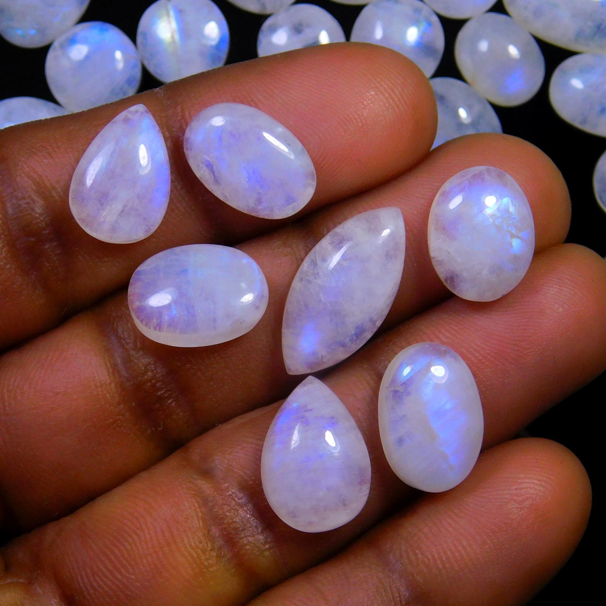 69 Pcs 257 Cts Natural Rainbow Moonstone Gemstone Cabochon Lot 7x10-8x18mmR-14021