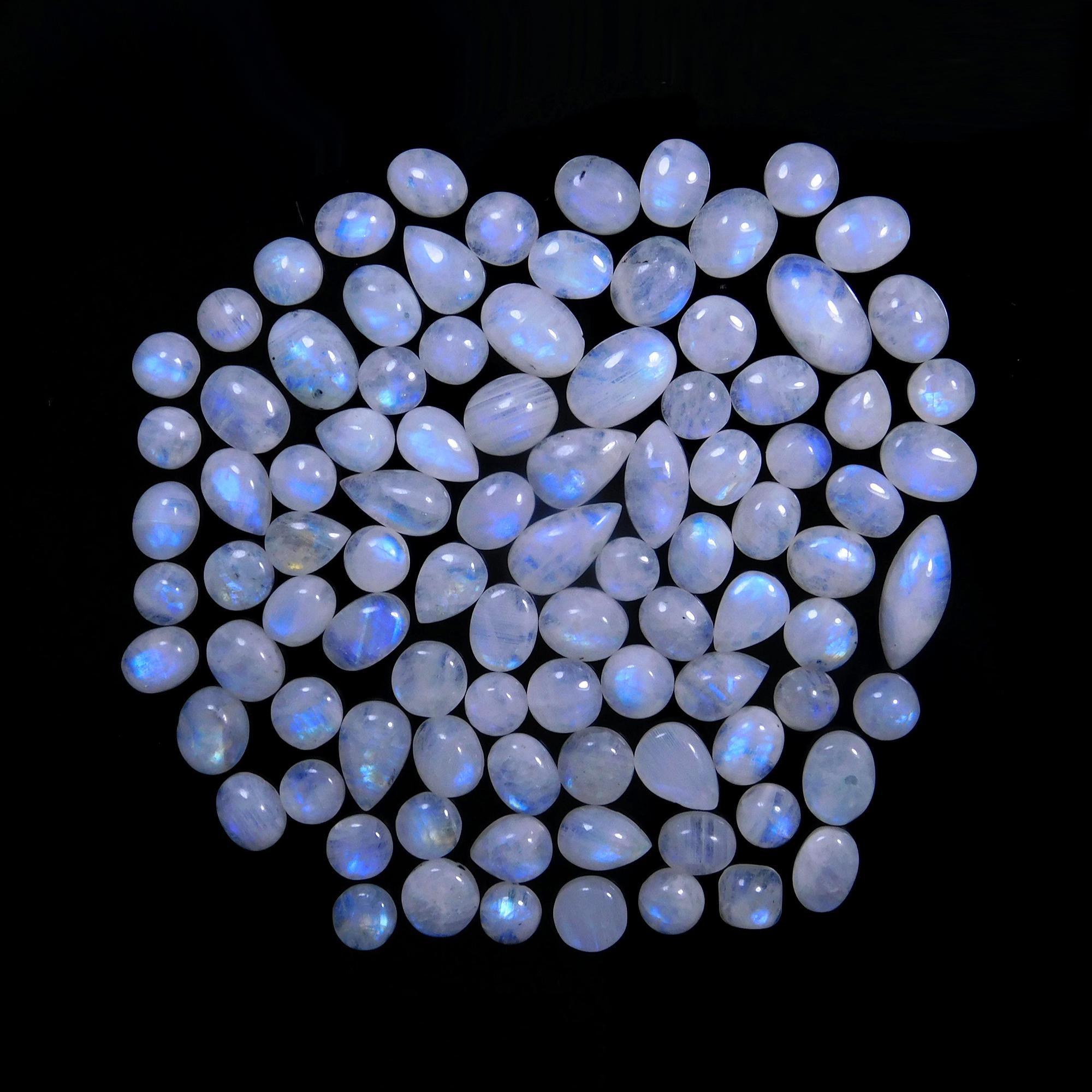 94 Pcs 320 Cts Natural Rainbow Moonstone Gemstone Cabochon Lot 7x10-9x16mmR-14022