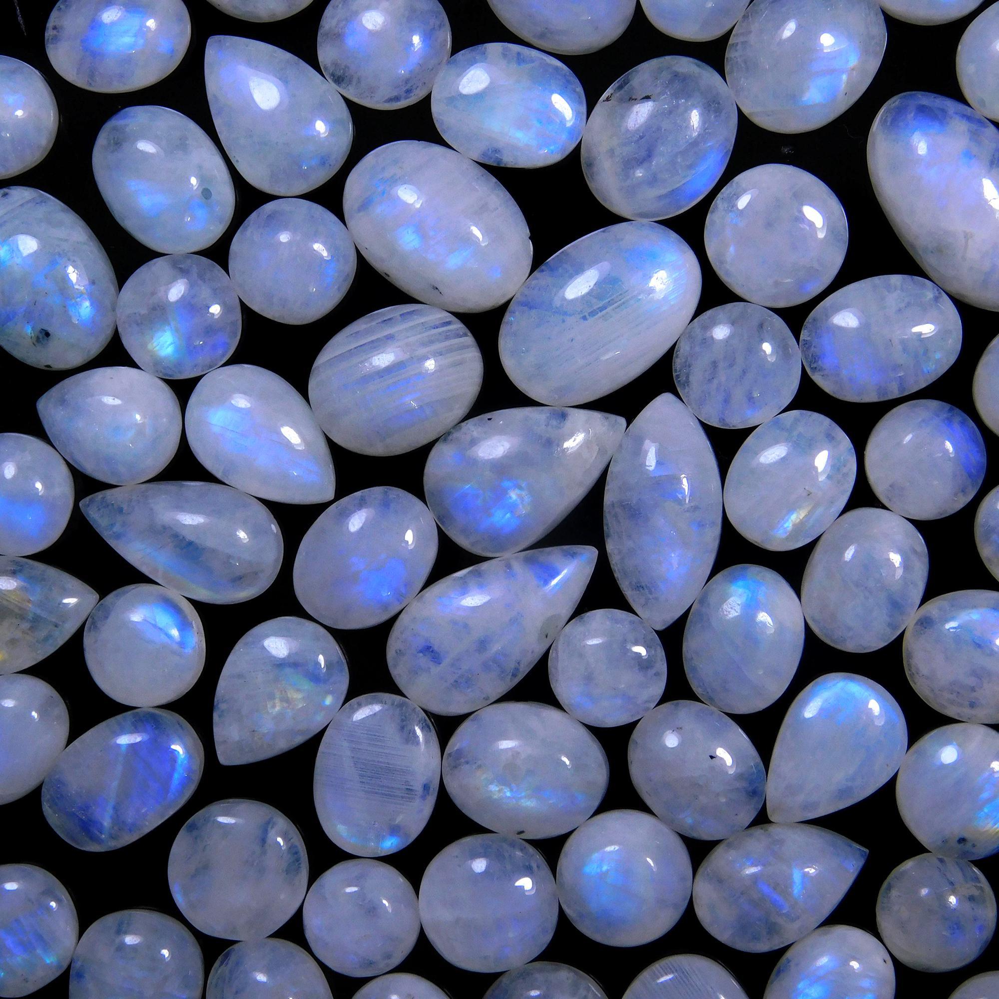 94 Pcs 320 Cts Natural Rainbow Moonstone Gemstone Cabochon Lot 7x10-9x16mm14022