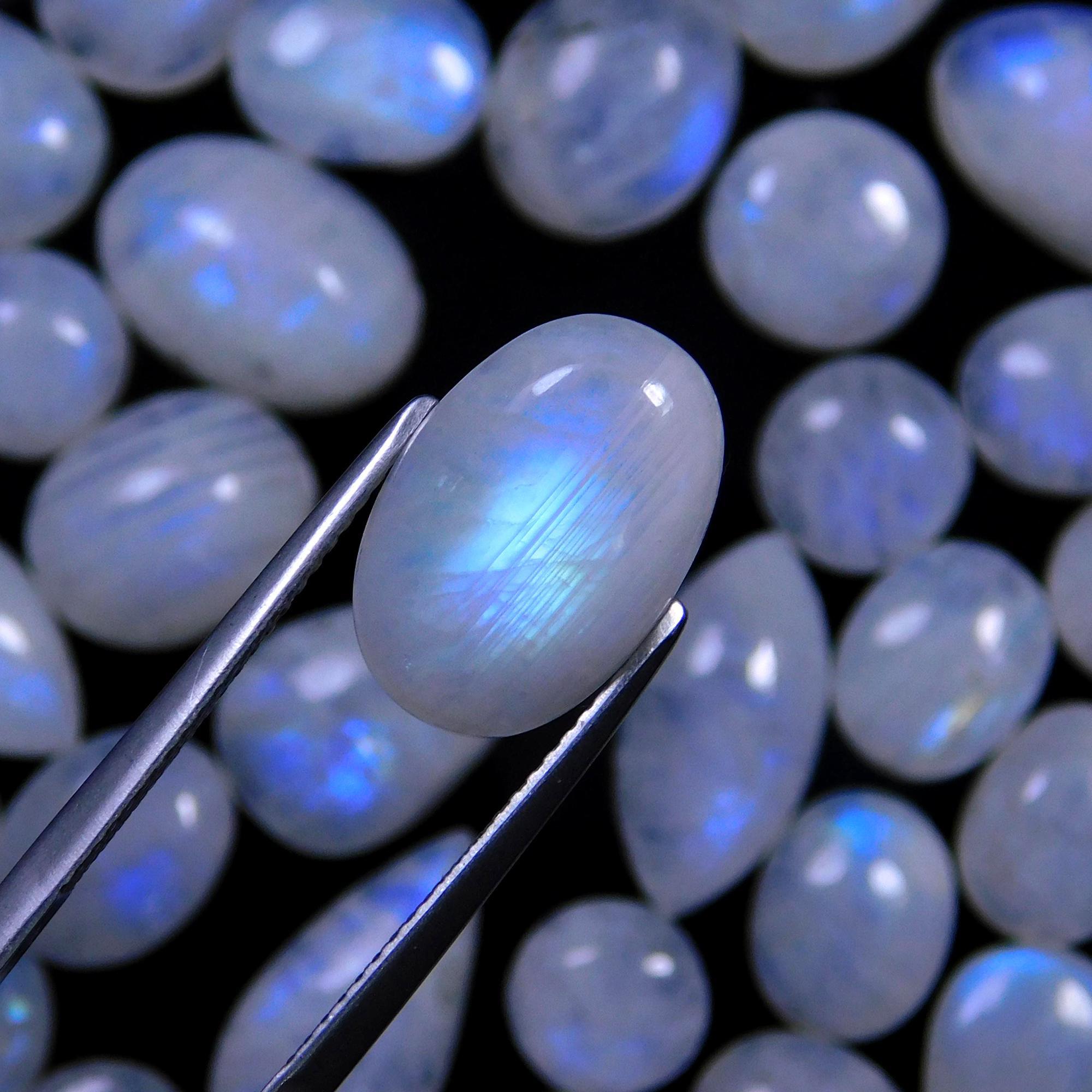 94 Pcs 320 Cts Natural Rainbow Moonstone Gemstone Cabochon Lot 7x10-9x16mmR-14022