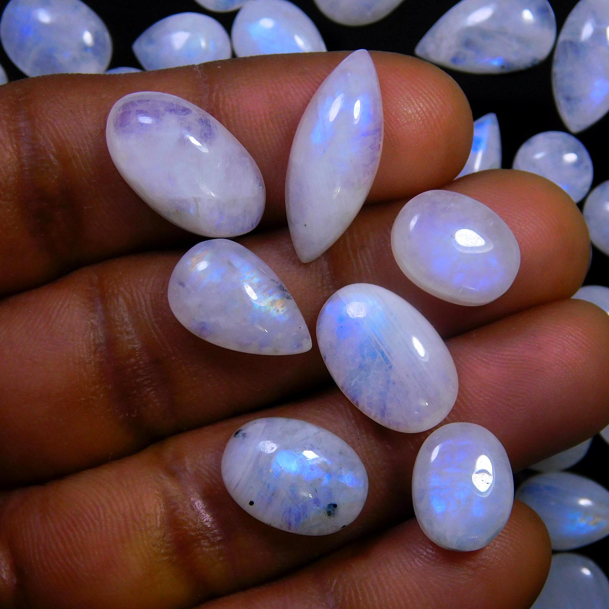 94 Pcs 320 Cts Natural Rainbow Moonstone Gemstone Cabochon Lot 7x10-9x16mmR-14022
