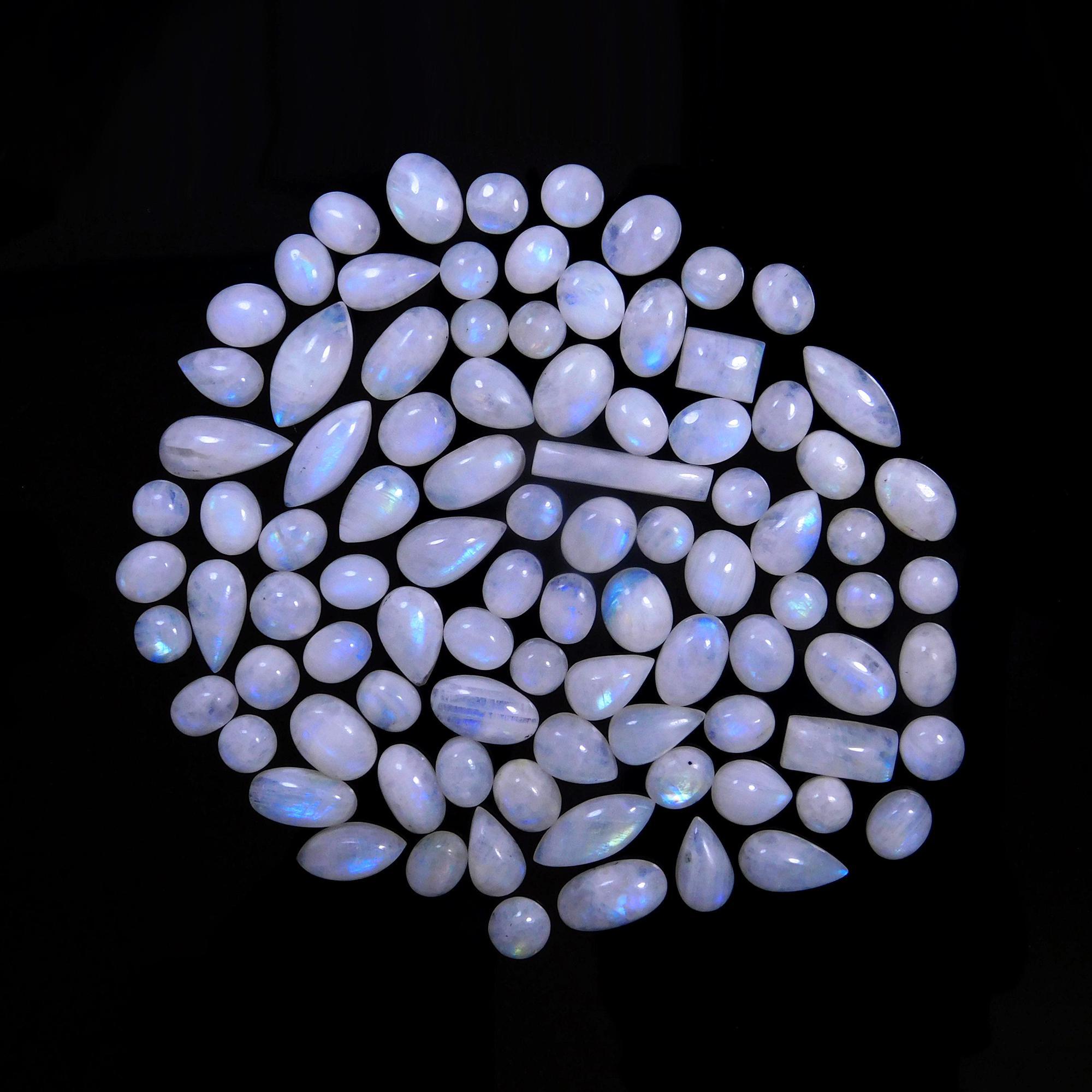 92 Pcs 374 Cts Natural Rainbow Moonstone Gemstone Cabochon Lot 7x9-9x19mm14024