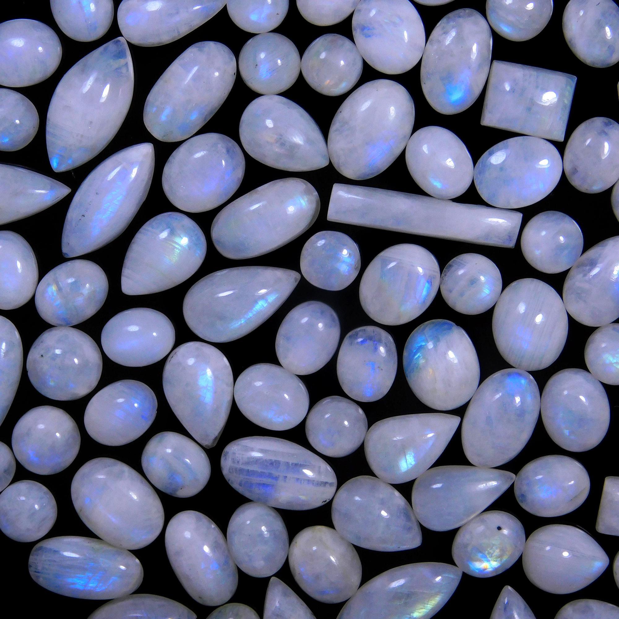 92 Pcs 374 Cts Natural Rainbow Moonstone Gemstone Cabochon Lot 7x9-9x19mm14024