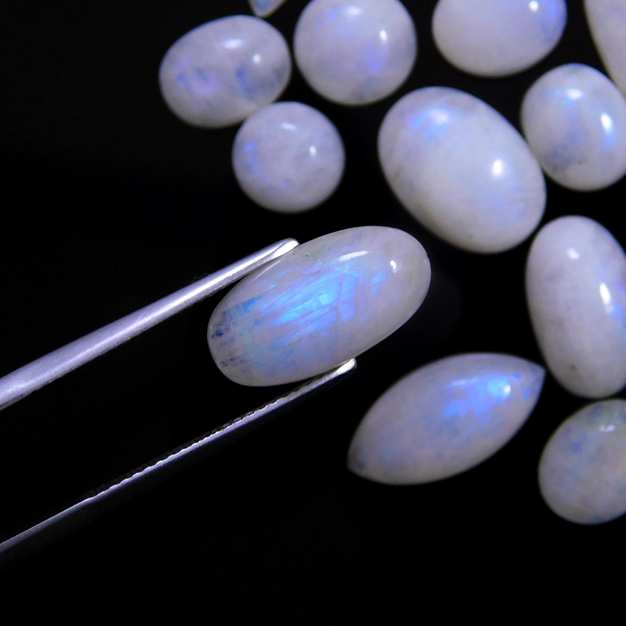 92 Pcs 374 Cts Natural Rainbow Moonstone Gemstone Cabochon Lot 7x9-9x19mm14024