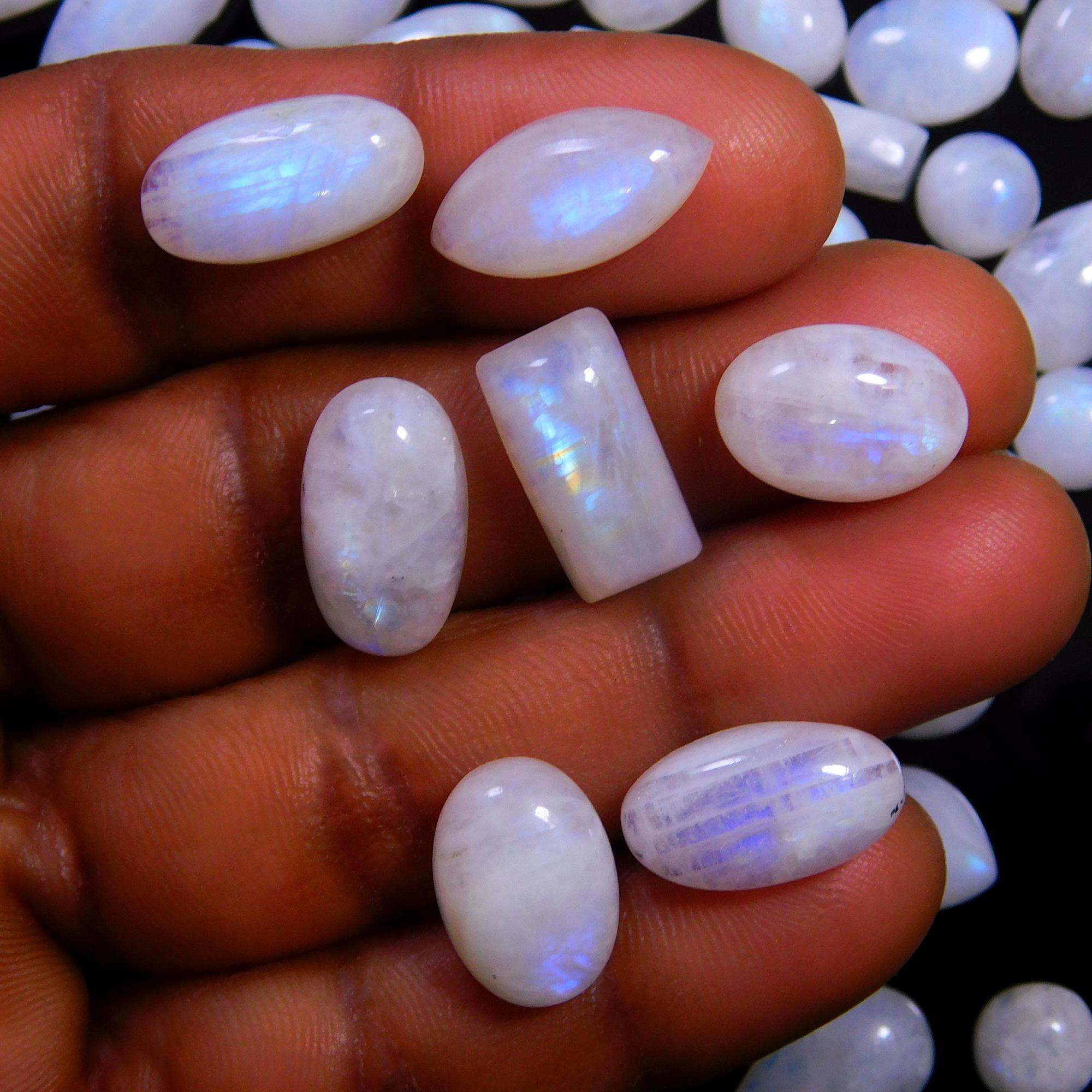 92 Pcs 374 Cts Natural Rainbow Moonstone Gemstone Cabochon Lot 7x9-9x19mm14024