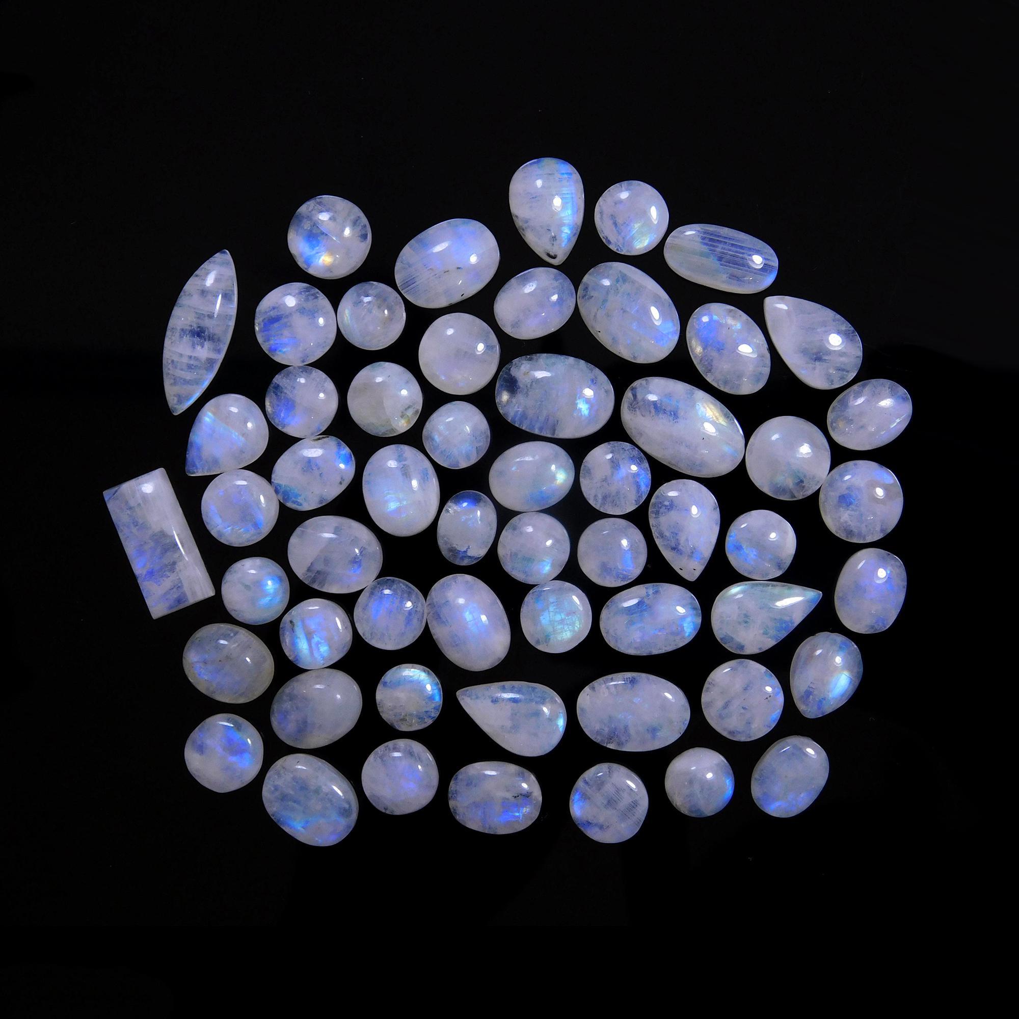 56 Pcs 198 Cts Natural Rainbow Moonstone Gemstone Cabochon Lot 6x8-9x15mm14025