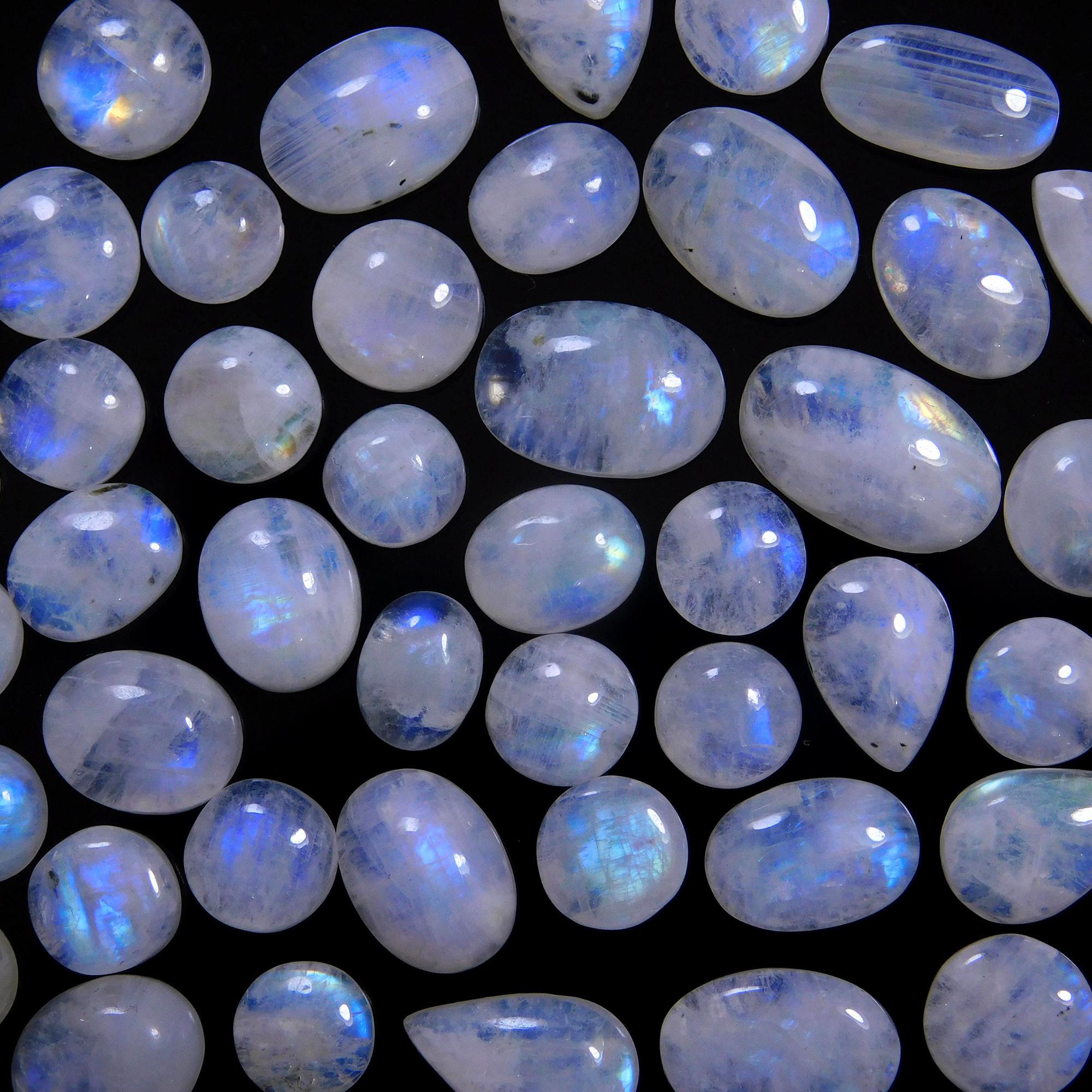 56 Pcs 198 Cts Natural Rainbow Moonstone Gemstone Cabochon Lot 6x8-9x15mm14025