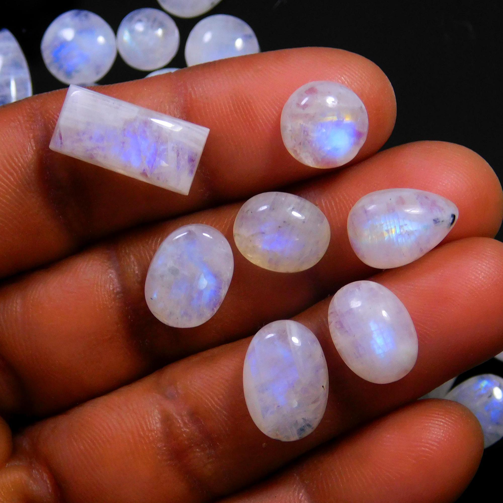 56 Pcs 198 Cts Natural Rainbow Moonstone Gemstone Cabochon Lot 6x8-9x15mm14025
