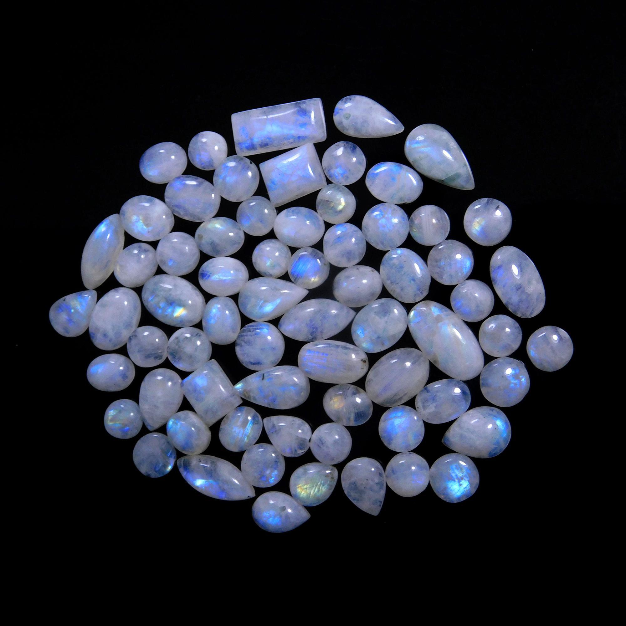 67 Pcs 237 Cts Natural Rainbow Moonstone Gemstone Cabochon Lot 7x9-8x18mm14026