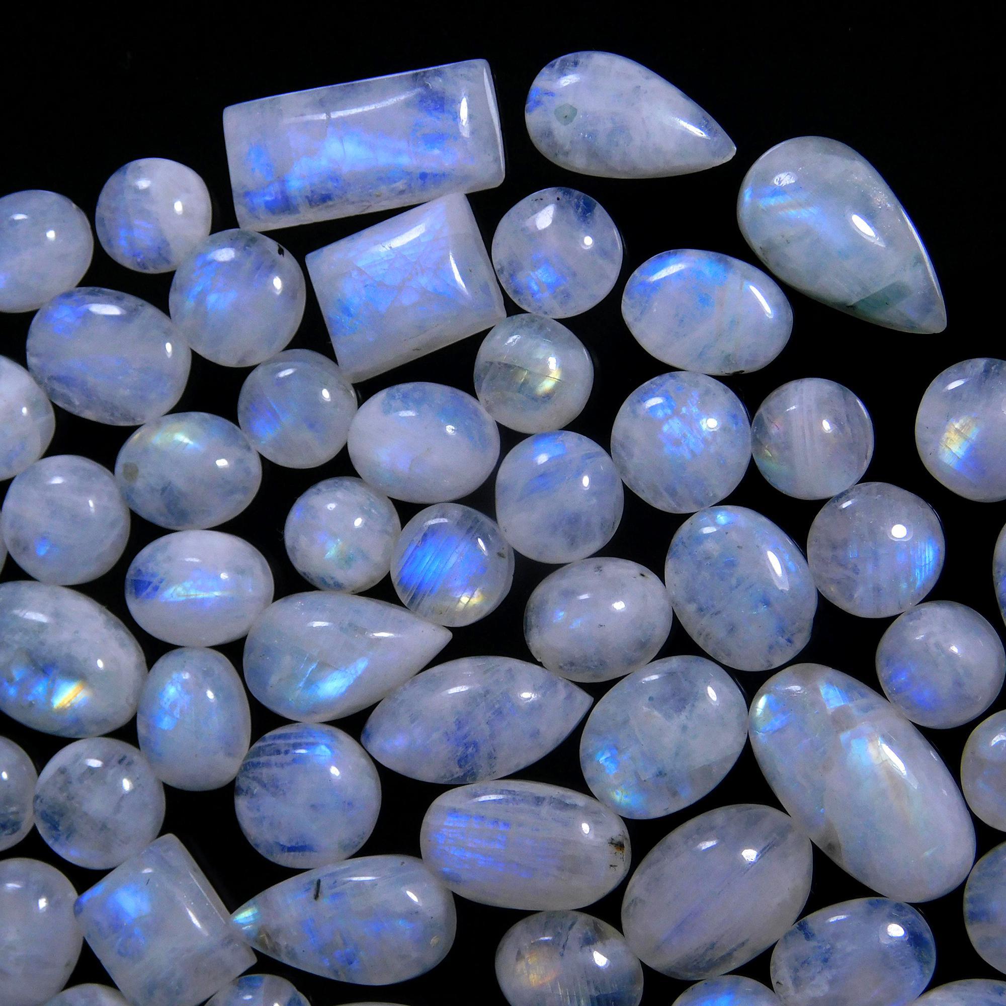 67 Pcs 237 Cts Natural Rainbow Moonstone Gemstone Cabochon Lot 7x9-8x18mm14026