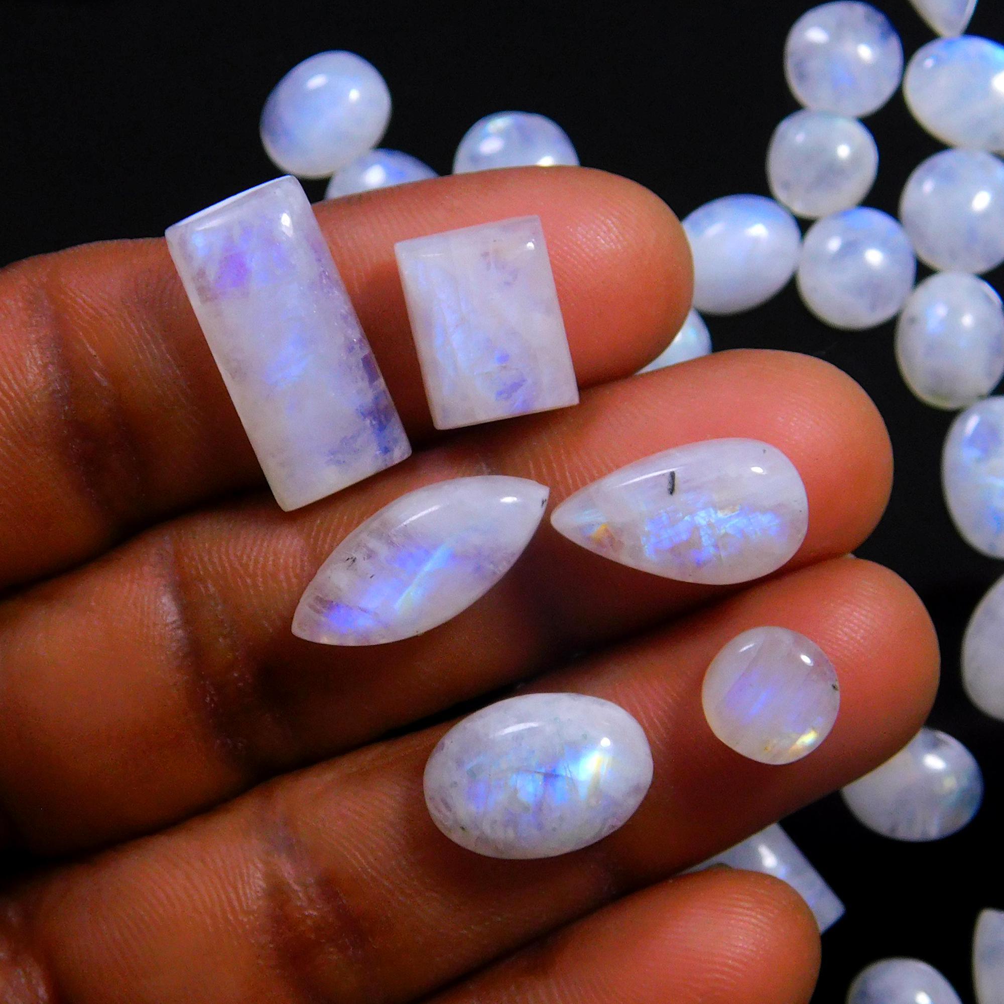 67 Pcs 237 Cts Natural Rainbow Moonstone Gemstone Cabochon Lot 7x9-8x18mm14026