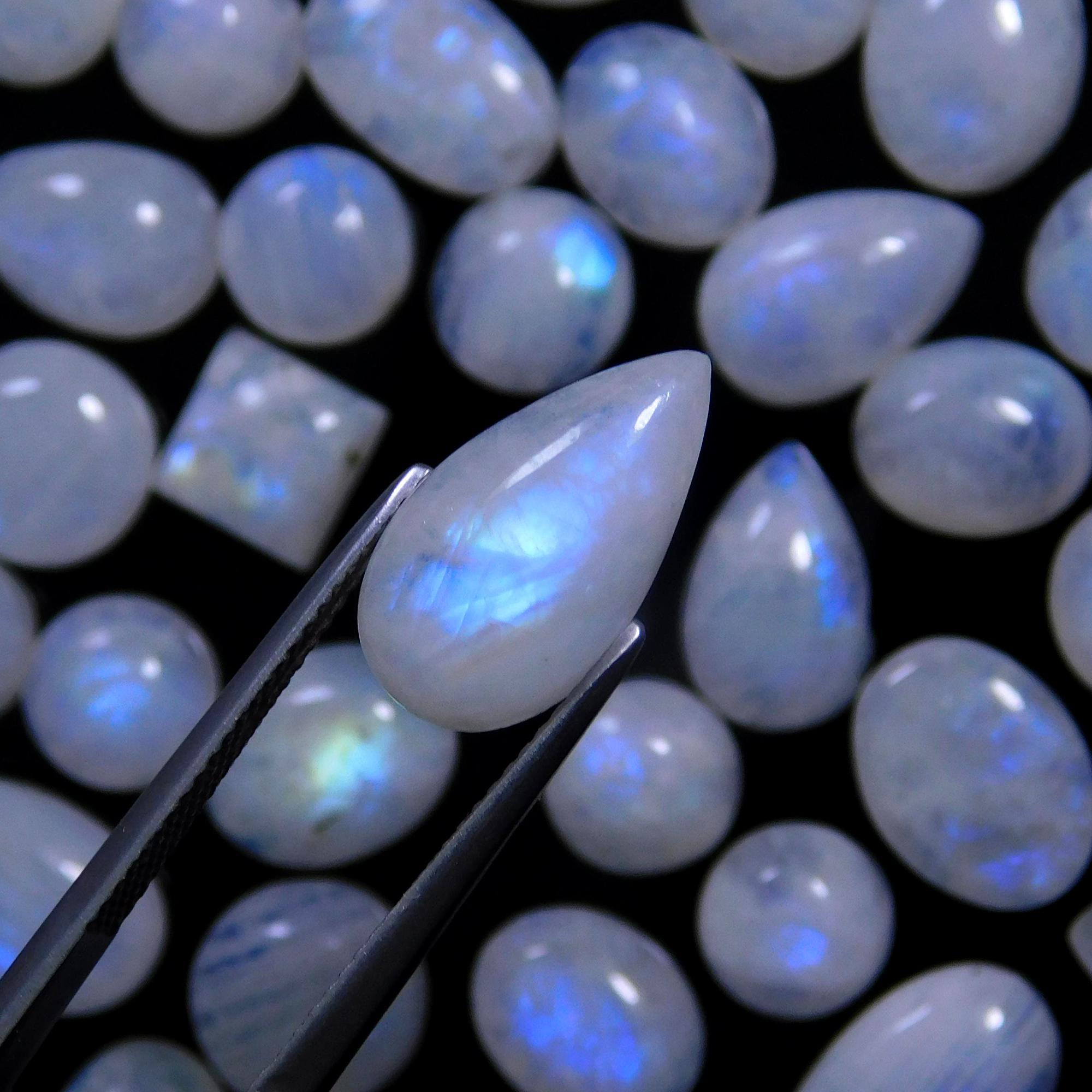 93 Pcs 332 Cts Natural Rainbow Moonstone Gemstone Cabochon Lot 7x10-7x21mm14027