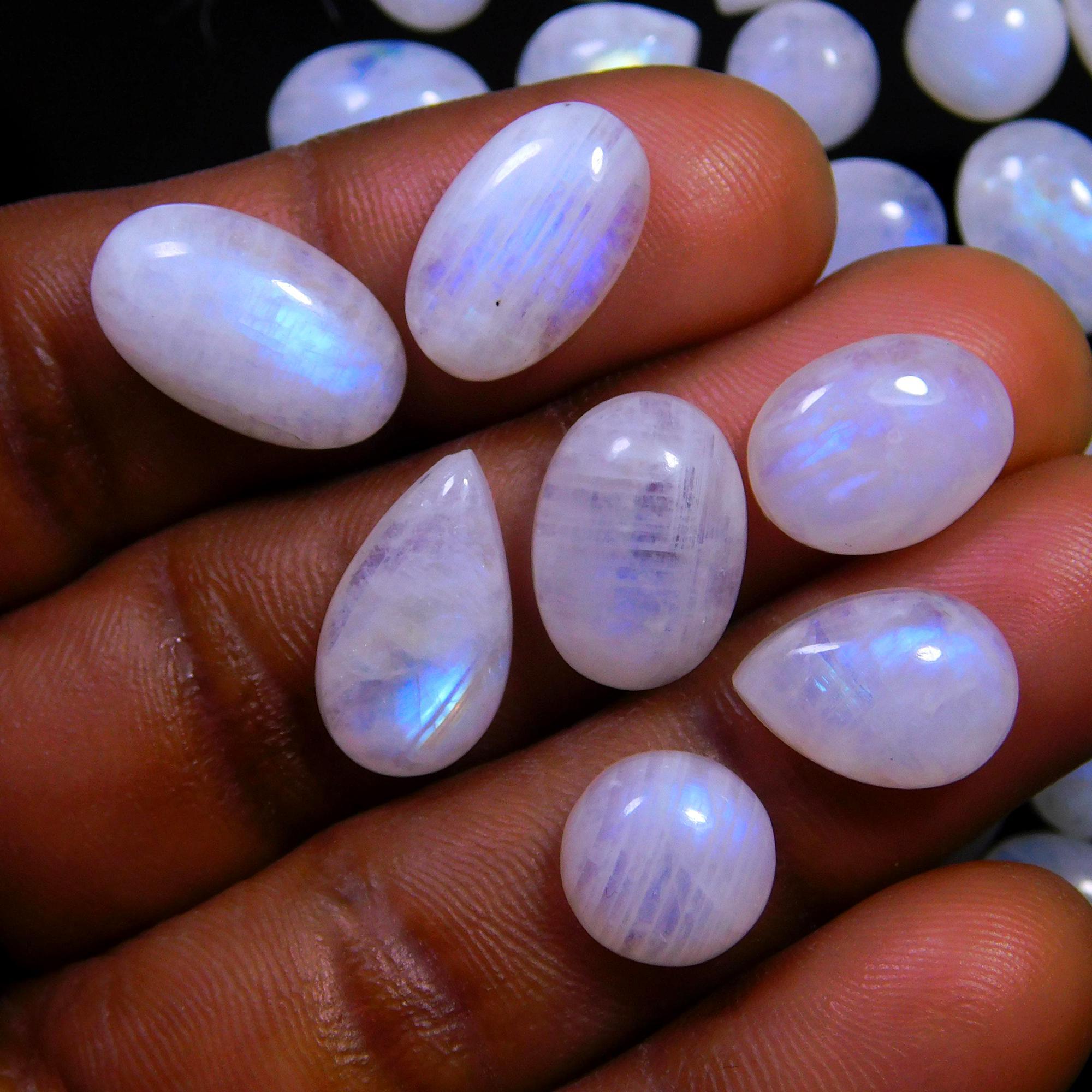 93 Pcs 332 Cts Natural Rainbow Moonstone Gemstone Cabochon Lot 7x10-7x21mm14027