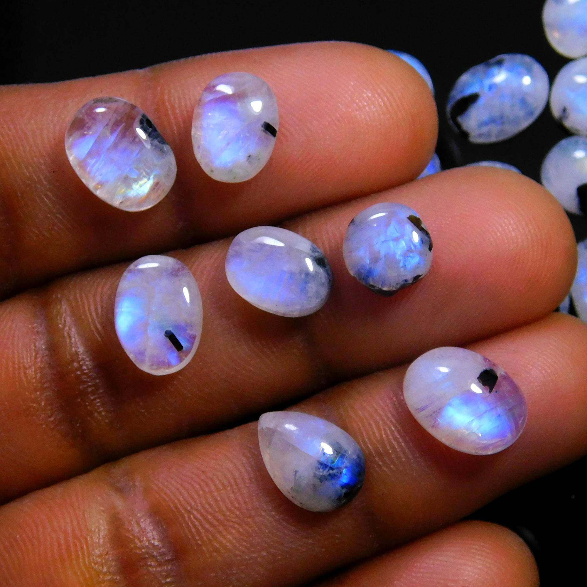 22 Pcs 50 Cts Natural Rainbow Moonstone Gemstone Cabochon Lot 6x8-6x10mmR-14028