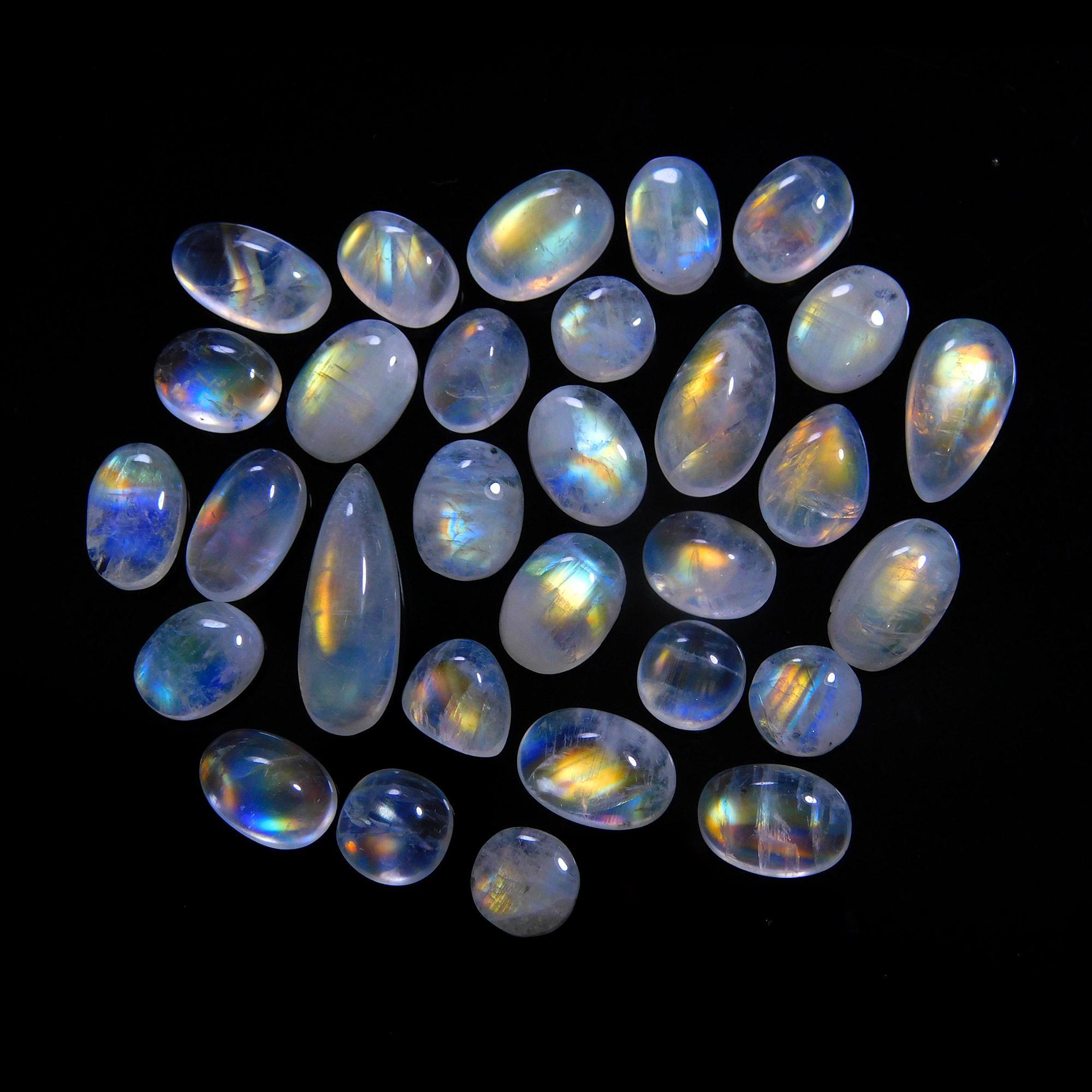 30 Pcs 87 Cts Natural Rainbow Moonstone Gemstone Cabochon Lot 6x8-6x18mm14029