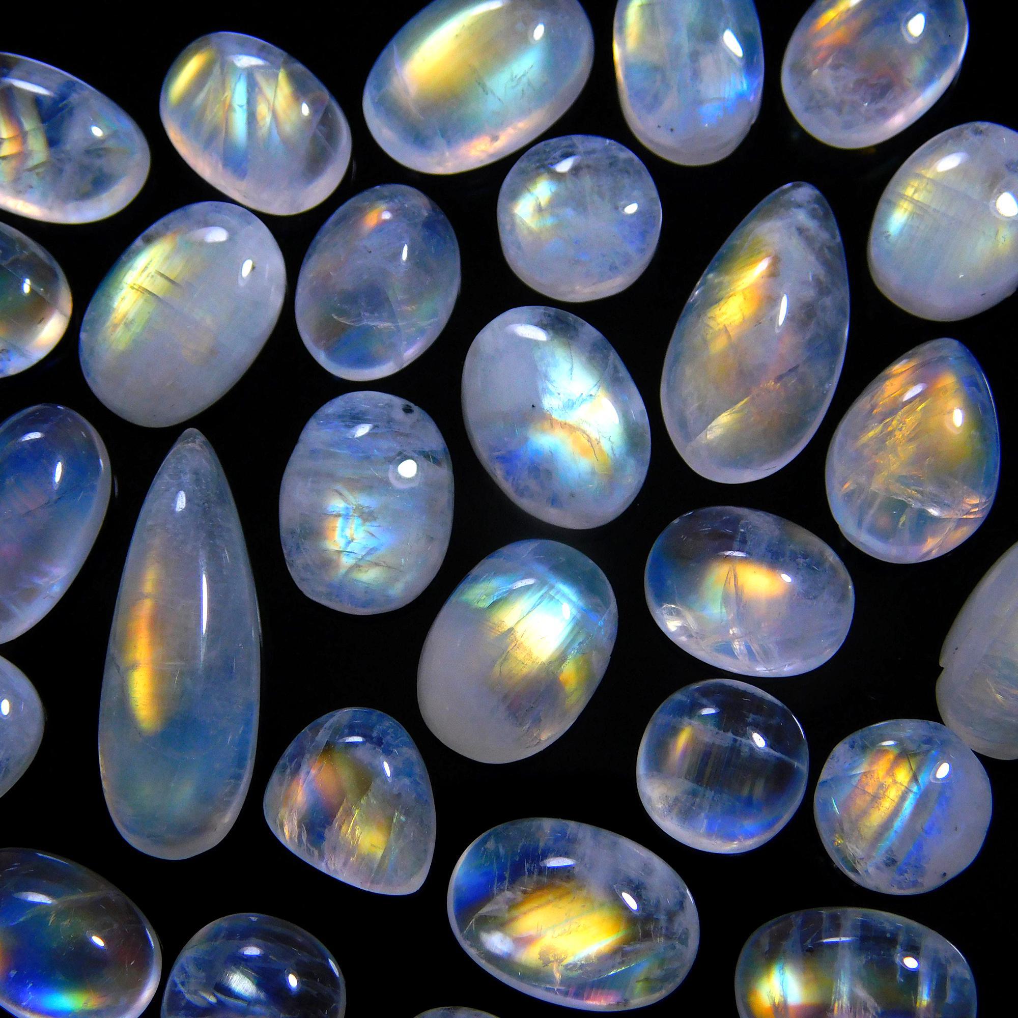 30 Pcs 87 Cts Natural Rainbow Moonstone Gemstone Cabochon Lot 6x8-6x18mm14029