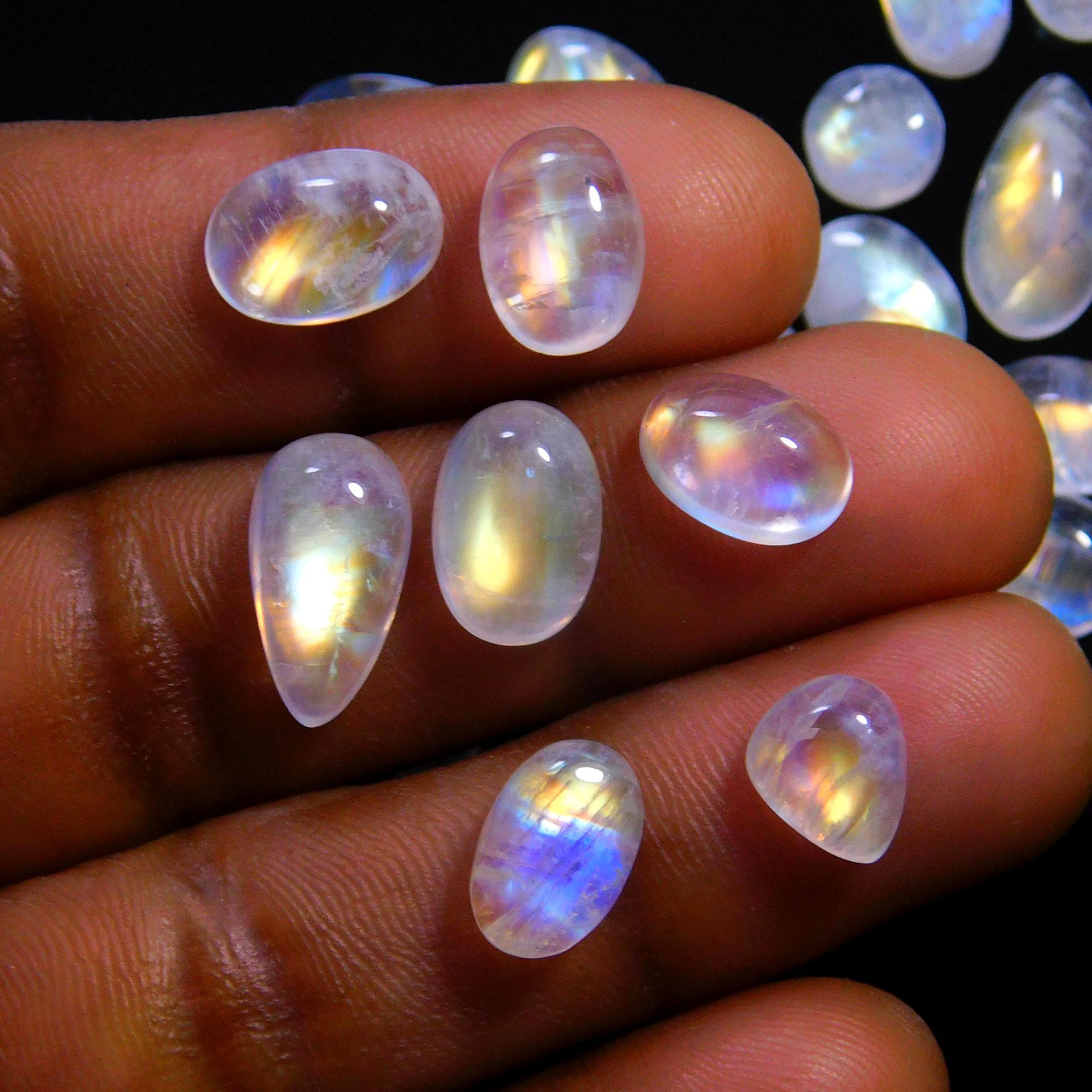 30 Pcs 87 Cts Natural Rainbow Moonstone Gemstone Cabochon Lot 6x8-6x18mm14029