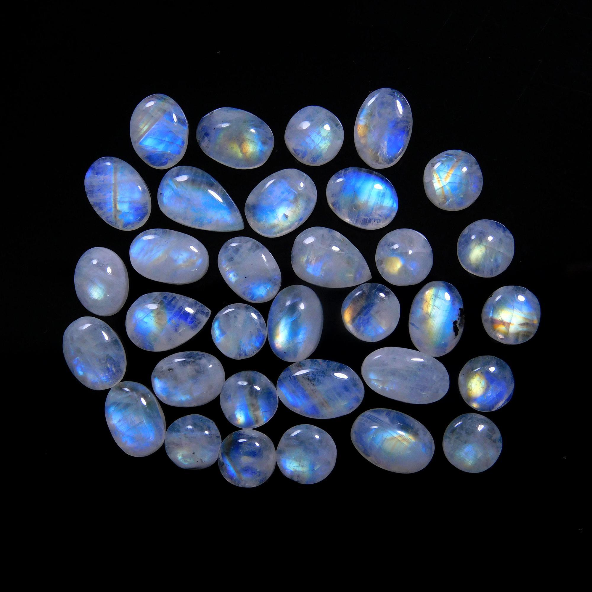 33 Pcs 74 Cts Natural Rainbow Moonstone Gemstone Cabochon Lot 6x8-7x12mm14030