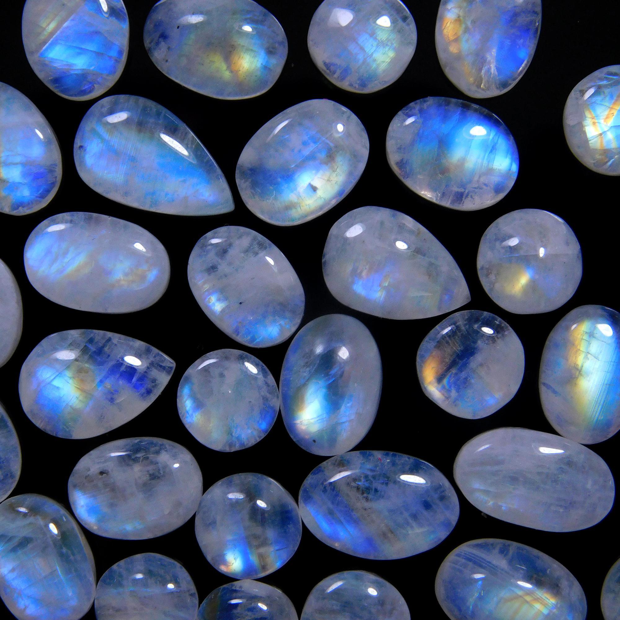 33 Pcs 74 Cts Natural Rainbow Moonstone Gemstone Cabochon Lot 6x8-7x12mm14030
