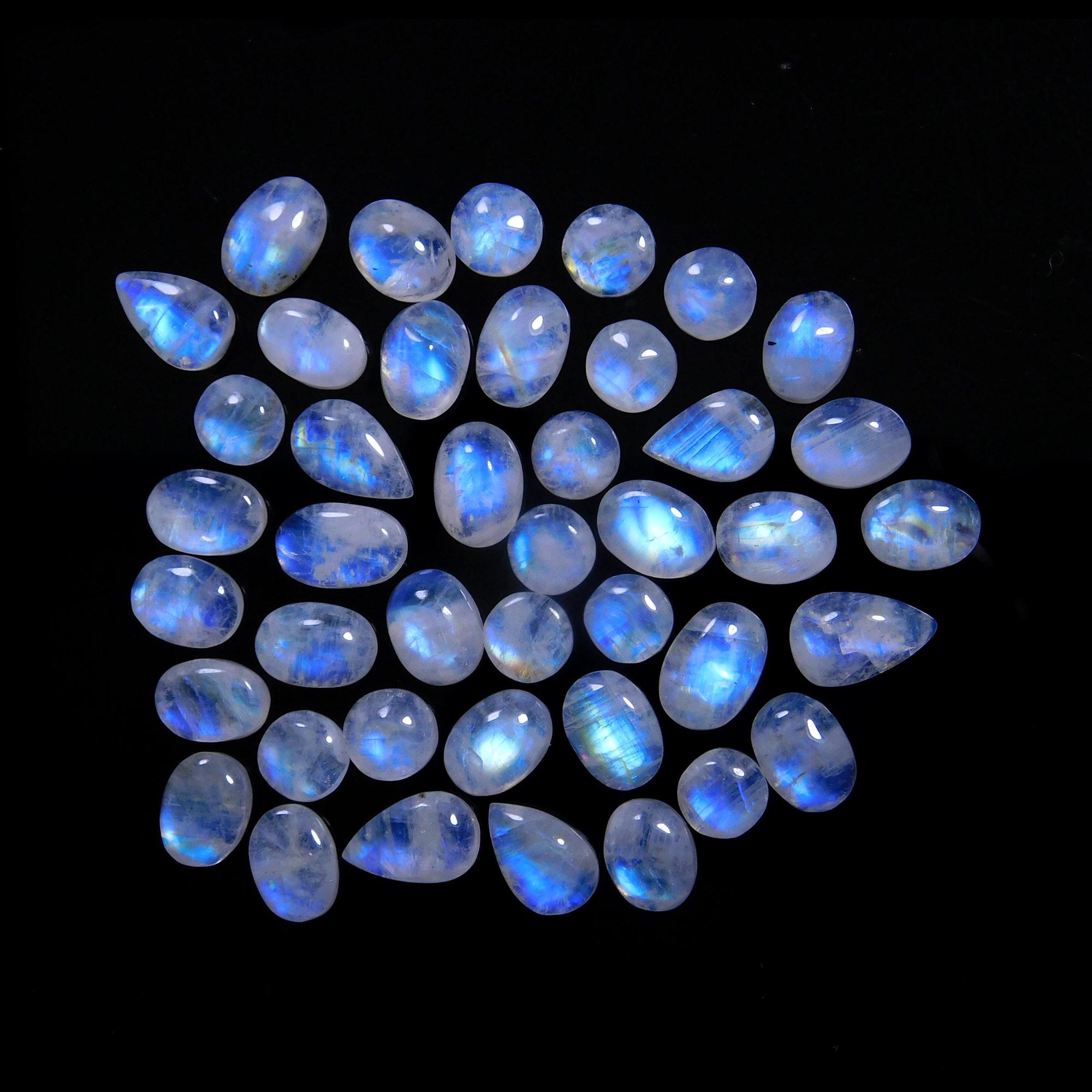 42 Pcs 100 Cts Natural Rainbow Moonstone Gemstone Cabochon Lot 6x8-7x10mm14031