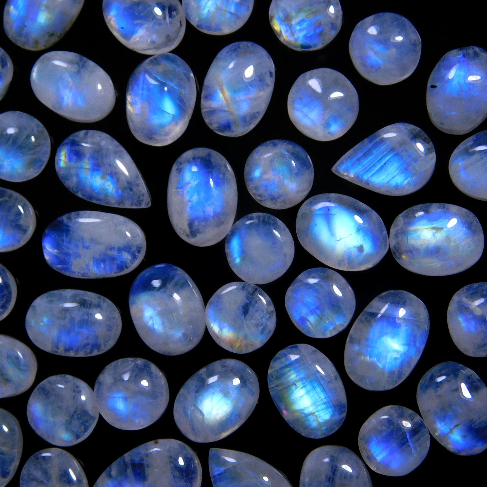 42 Pcs 100 Cts Natural Rainbow Moonstone Gemstone Cabochon Lot 6x8-7x10mm14031