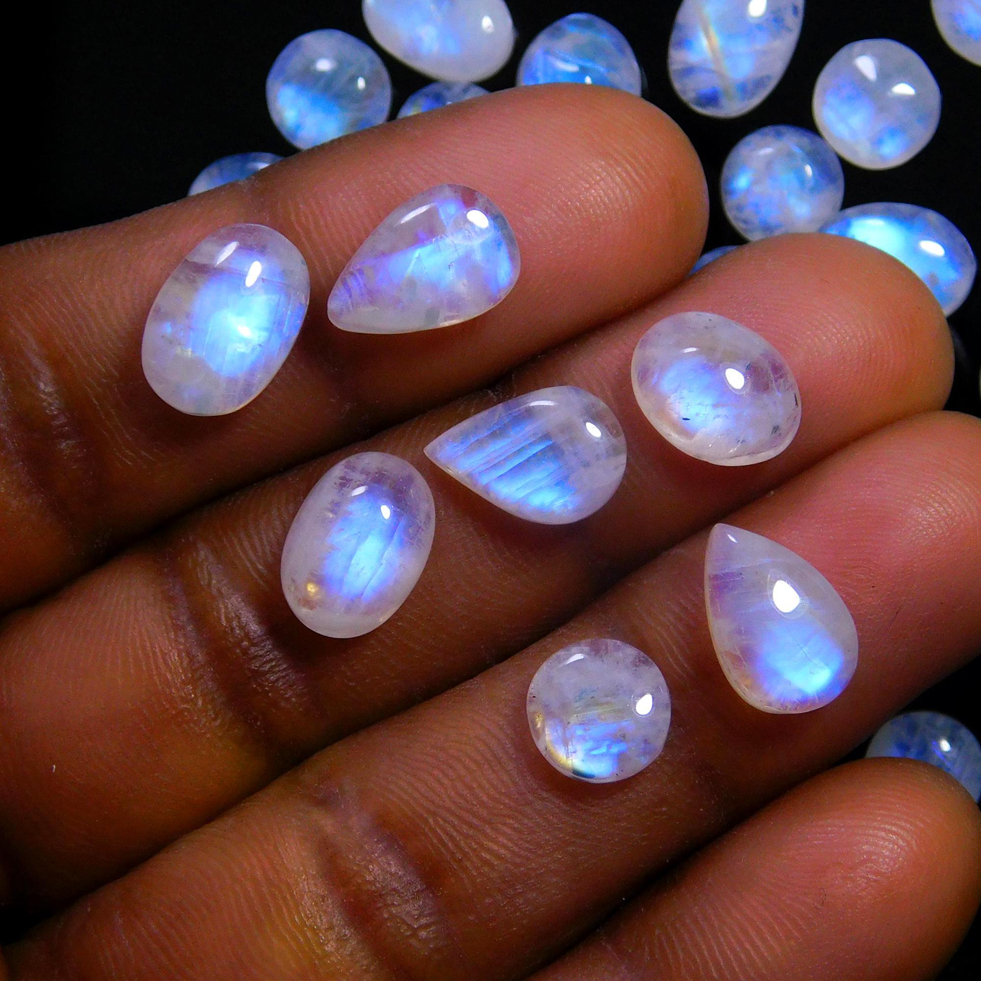 42 Pcs 100 Cts Natural Rainbow Moonstone Gemstone Cabochon Lot 6x8-7x10mm14031