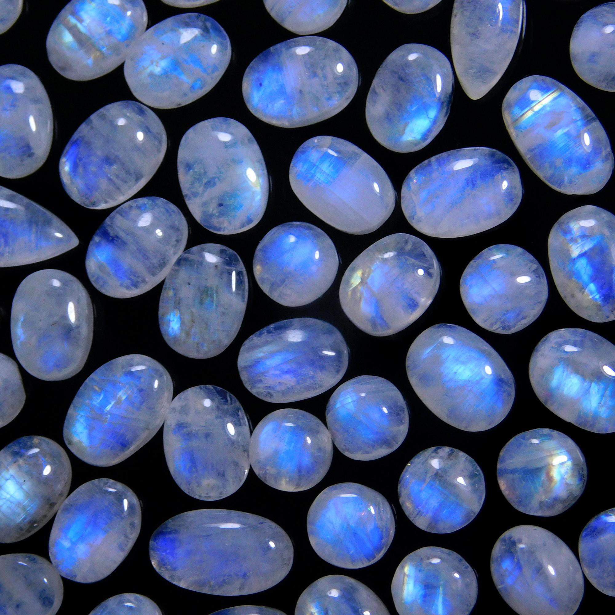 57 Pcs 136 Cts Natural Rainbow Moonstone Gemstone Cabochon Lot 7x9-7x12mm14032