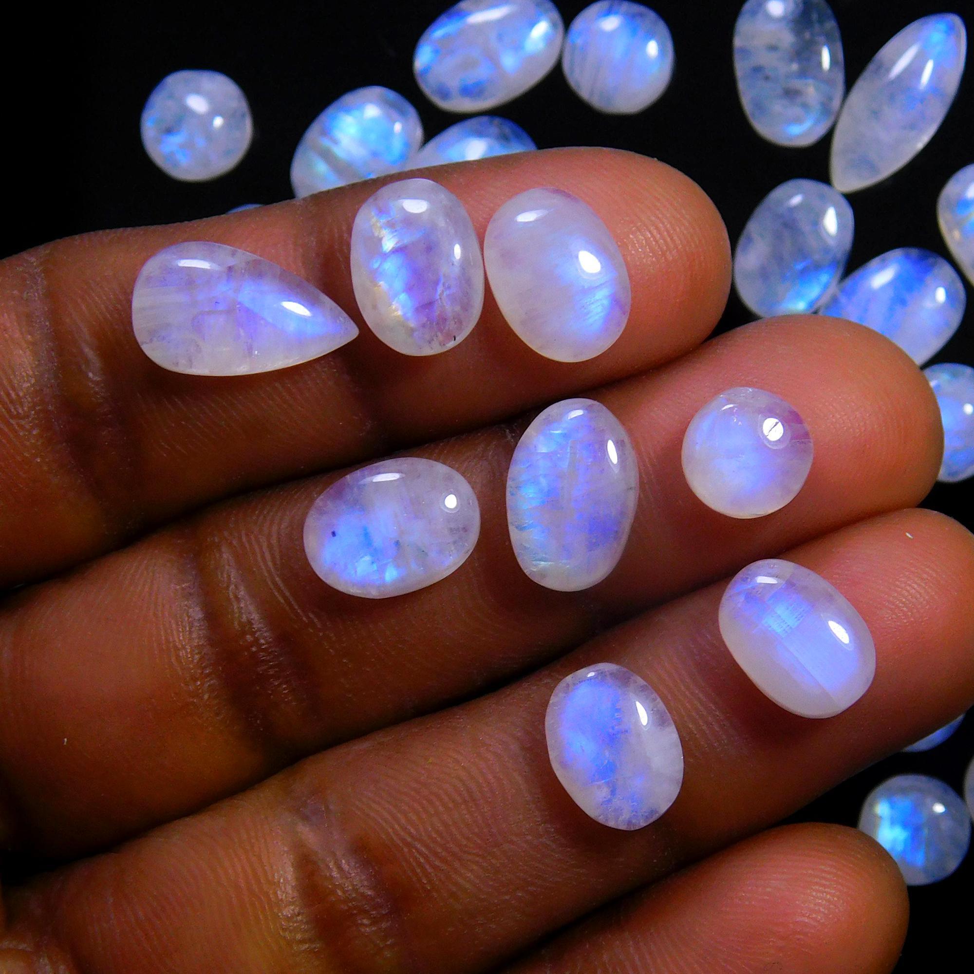 57 Pcs 136 Cts Natural Rainbow Moonstone Gemstone Cabochon Lot 7x9-7x12mm14032
