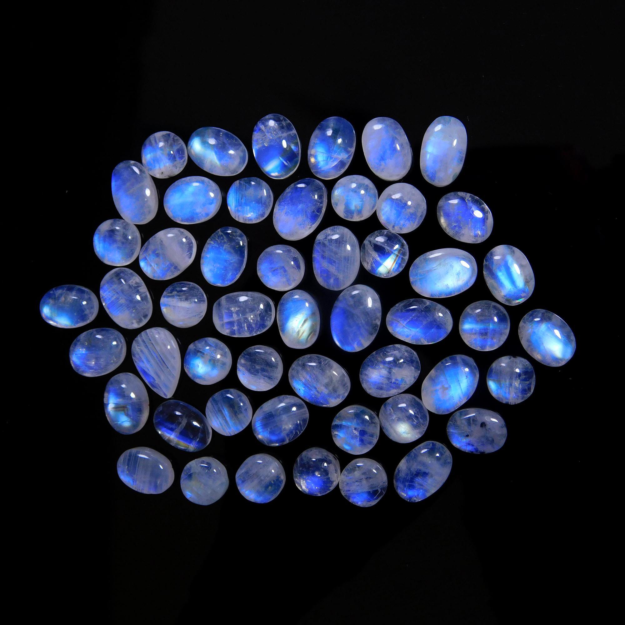 51 Pcs 113 Cts Natural Rainbow Moonstone Gemstone Cabochon Lot 6x8-8x11mm14033