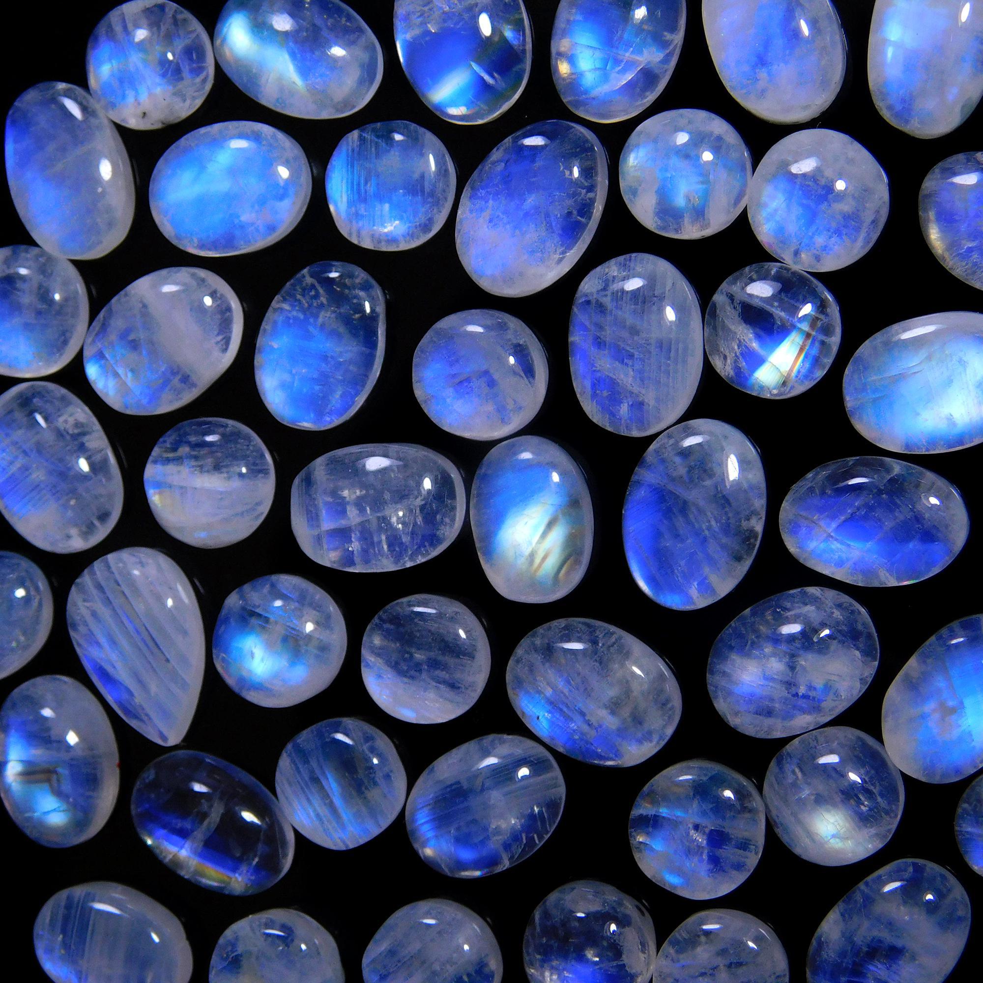 51 Pcs 113 Cts Natural Rainbow Moonstone Gemstone Cabochon Lot 6x8-8x11mm14033