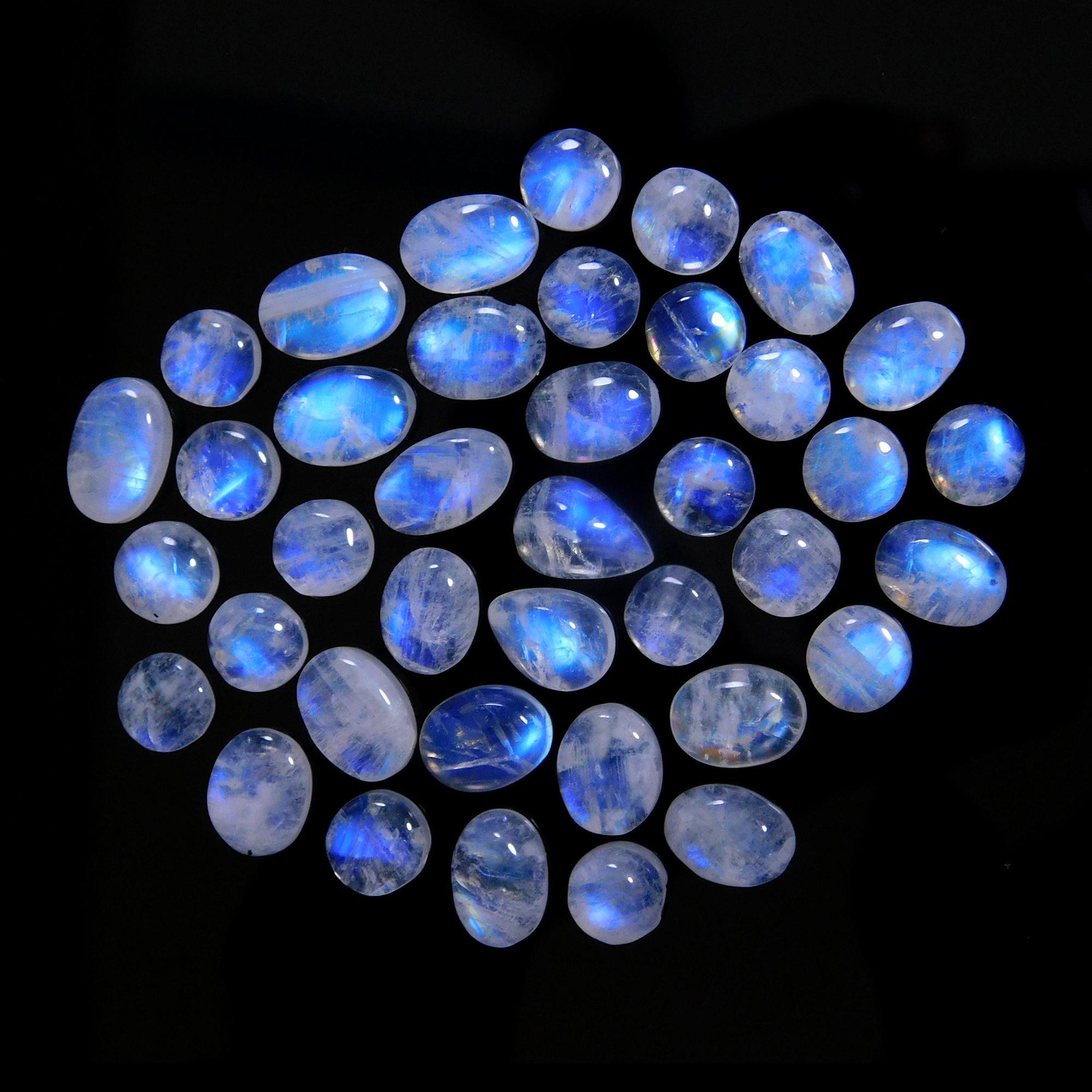 39 Pcs 79 Cts Natural Rainbow Moonstone Gemstone Cabochon Lot 7x9-7x10mm14034
