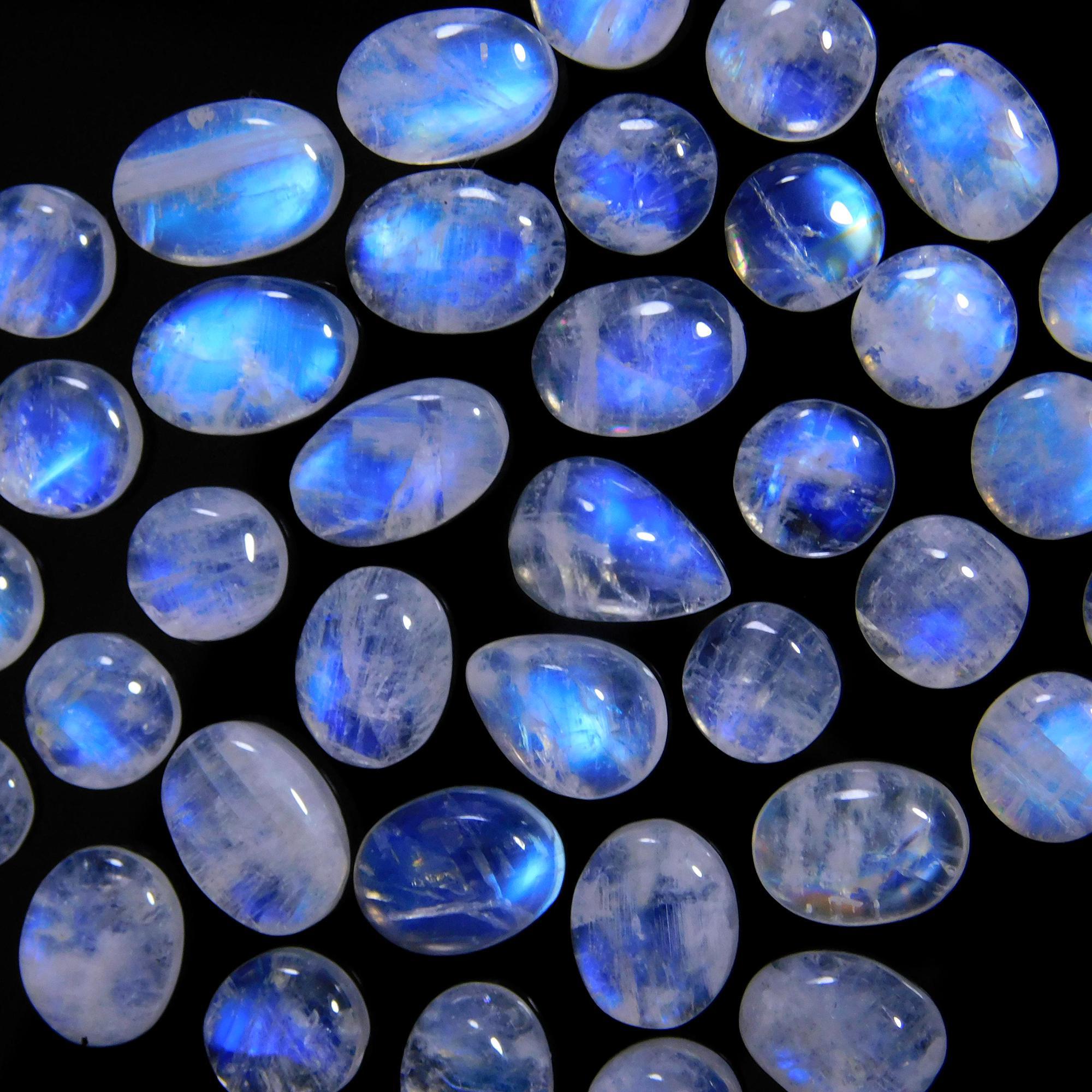 39 Pcs 79 Cts Natural Rainbow Moonstone Gemstone Cabochon Lot 7x9-7x10mm14034