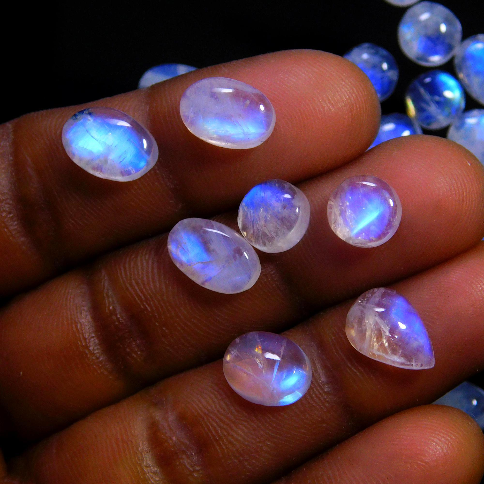 39 Pcs 79 Cts Natural Rainbow Moonstone Gemstone Cabochon Lot 7x9-7x10mm14034