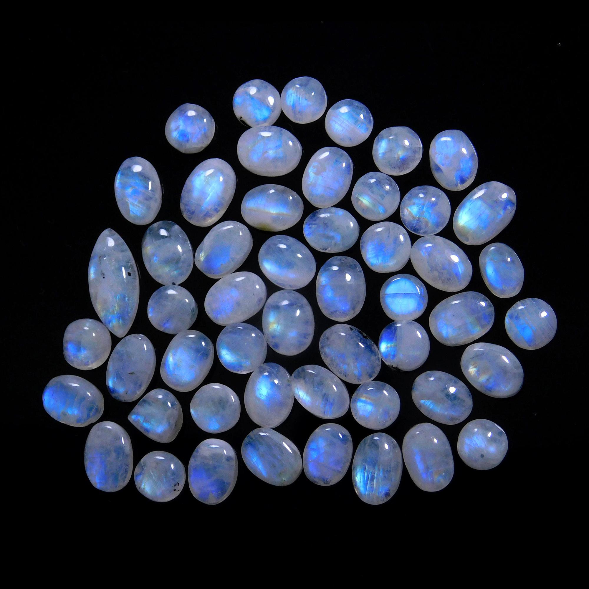 51 Pcs 123 Cts Natural Rainbow Moonstone Gemstone Cabochon Lot 6x8-7x16mm14035