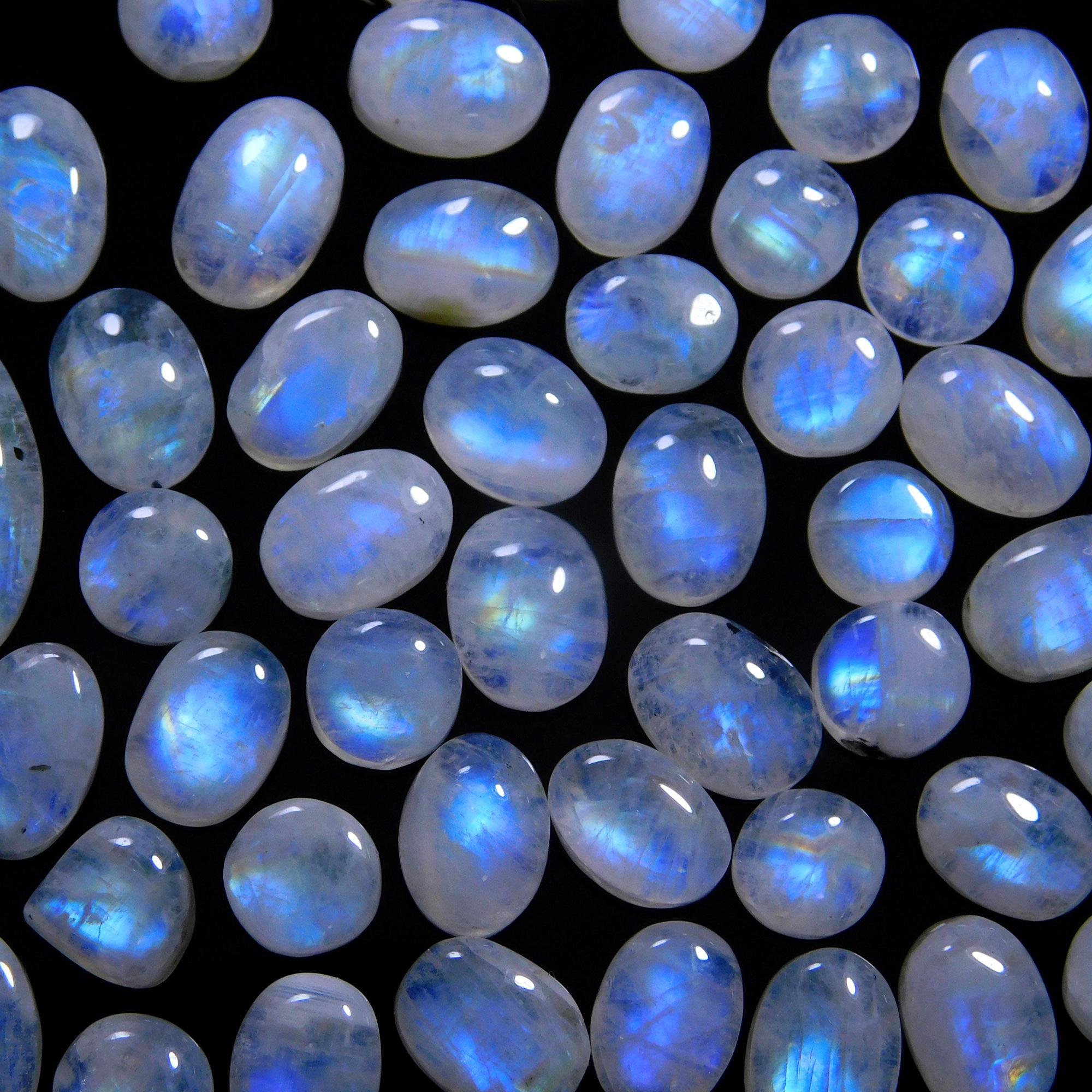 51 Pcs 123 Cts Natural Rainbow Moonstone Gemstone Cabochon Lot 6x8-7x16mm14035