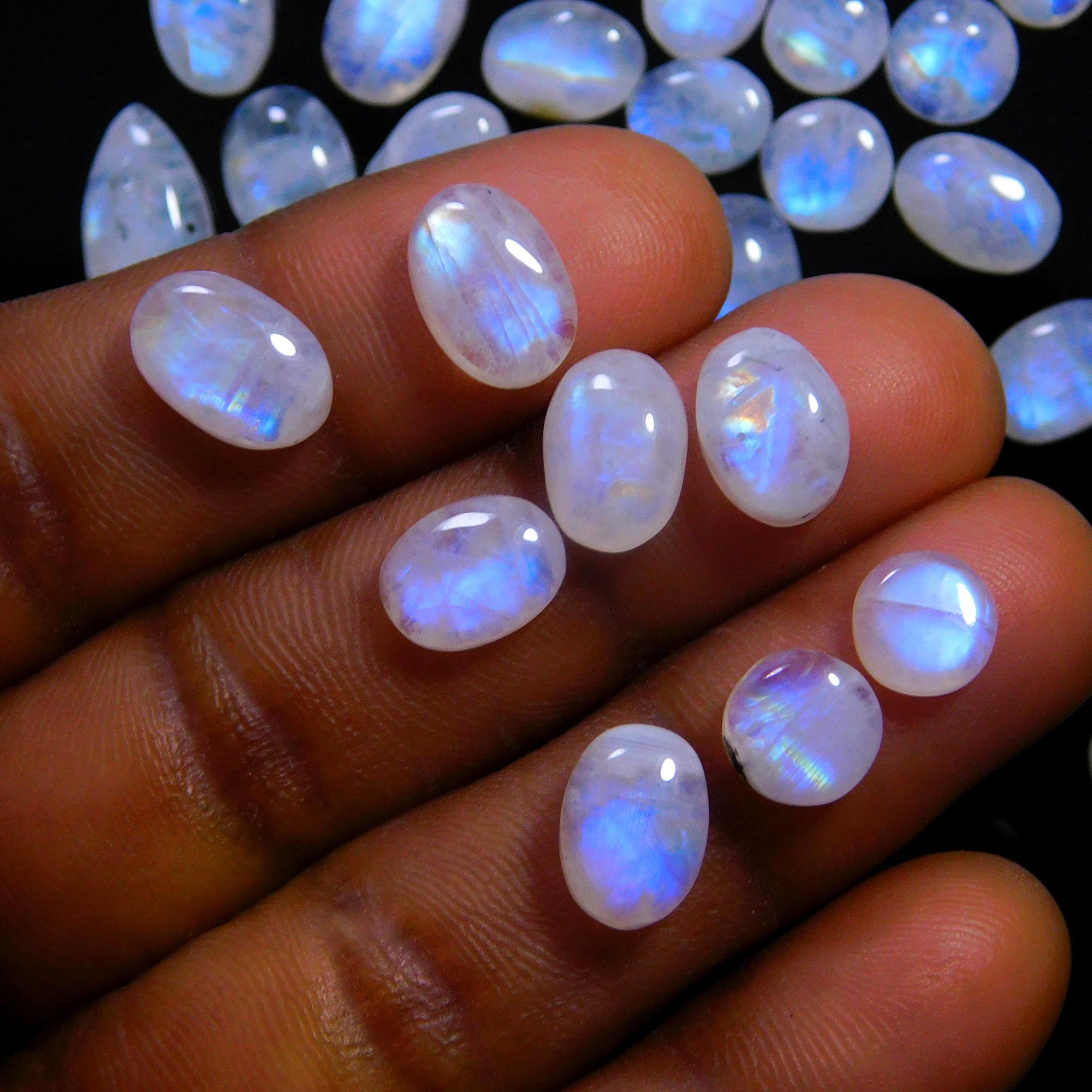 51 Pcs 123 Cts Natural Rainbow Moonstone Gemstone Cabochon Lot 6x8-7x16mm14035