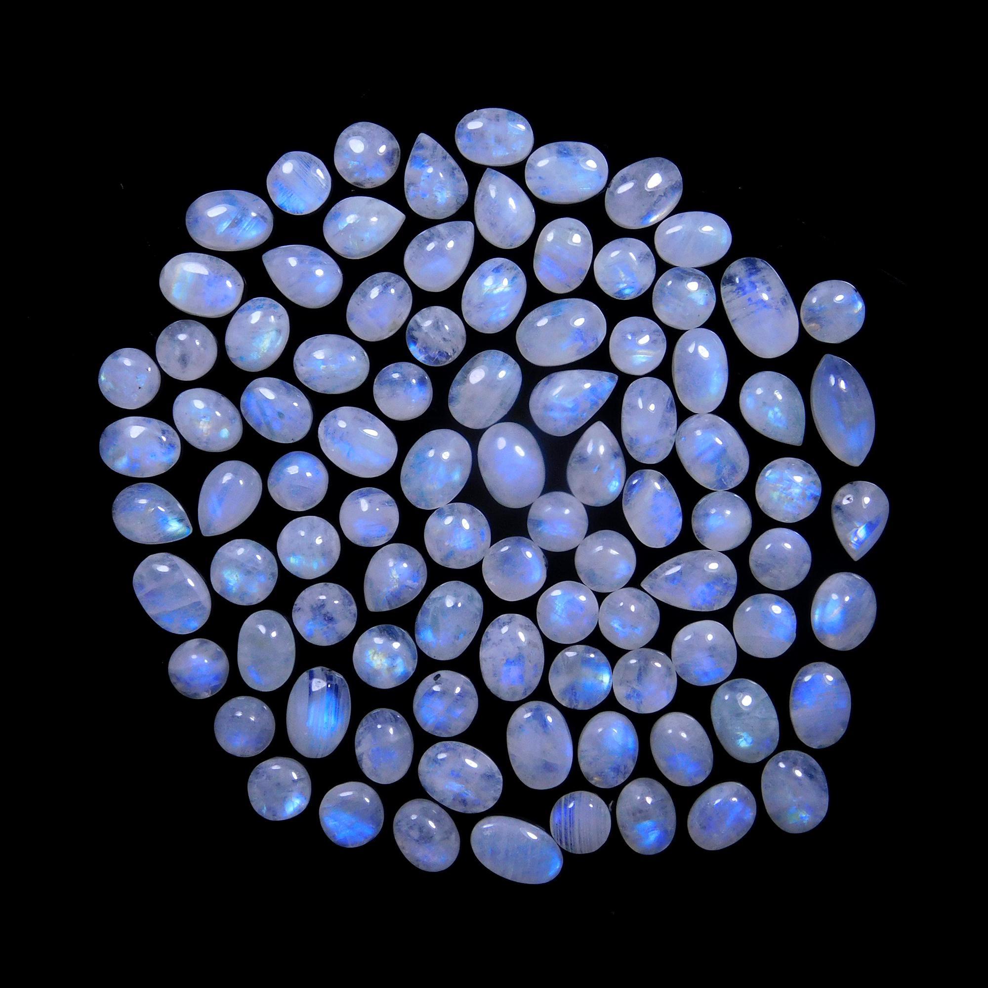 91 Pcs 205 Cts Natural Rainbow Moonstone Gemstone Cabochon Lot 6x8-6x13mm14039