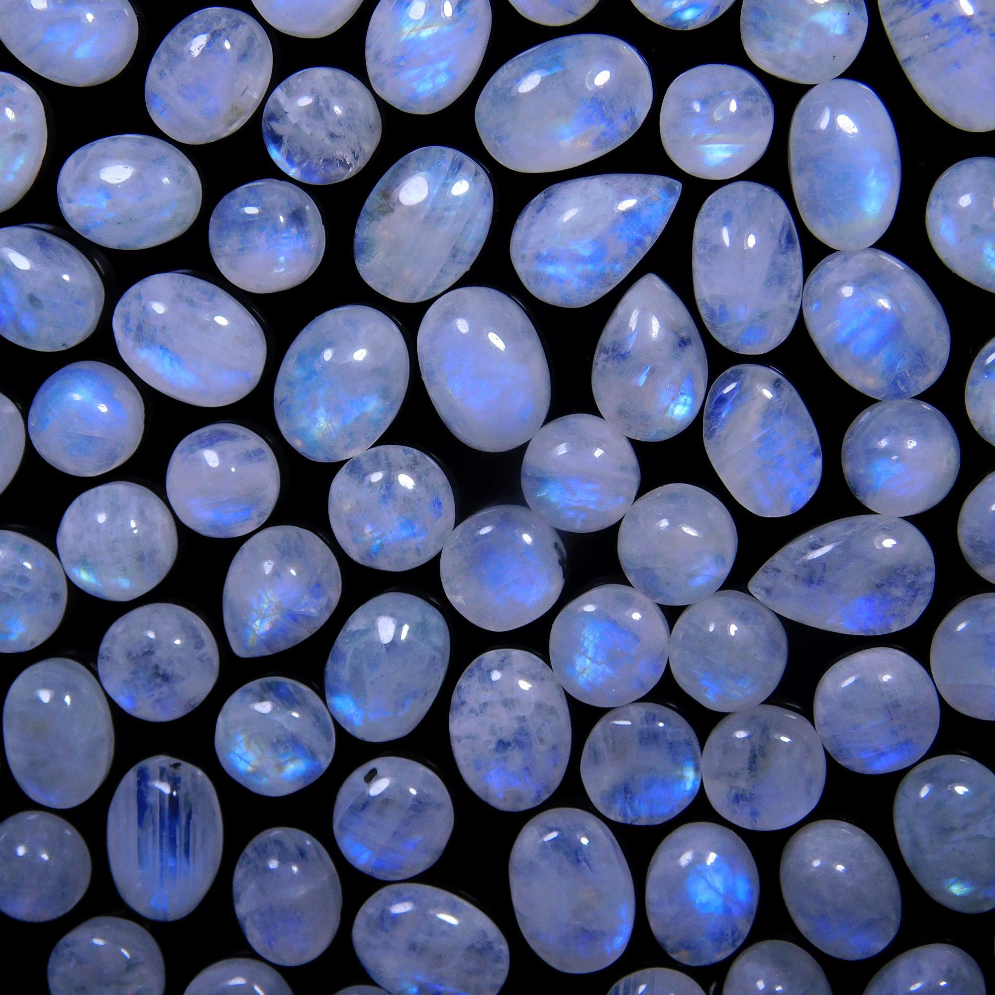 91 Pcs 205 Cts Natural Rainbow Moonstone Gemstone Cabochon Lot 6x8-6x13mm14039