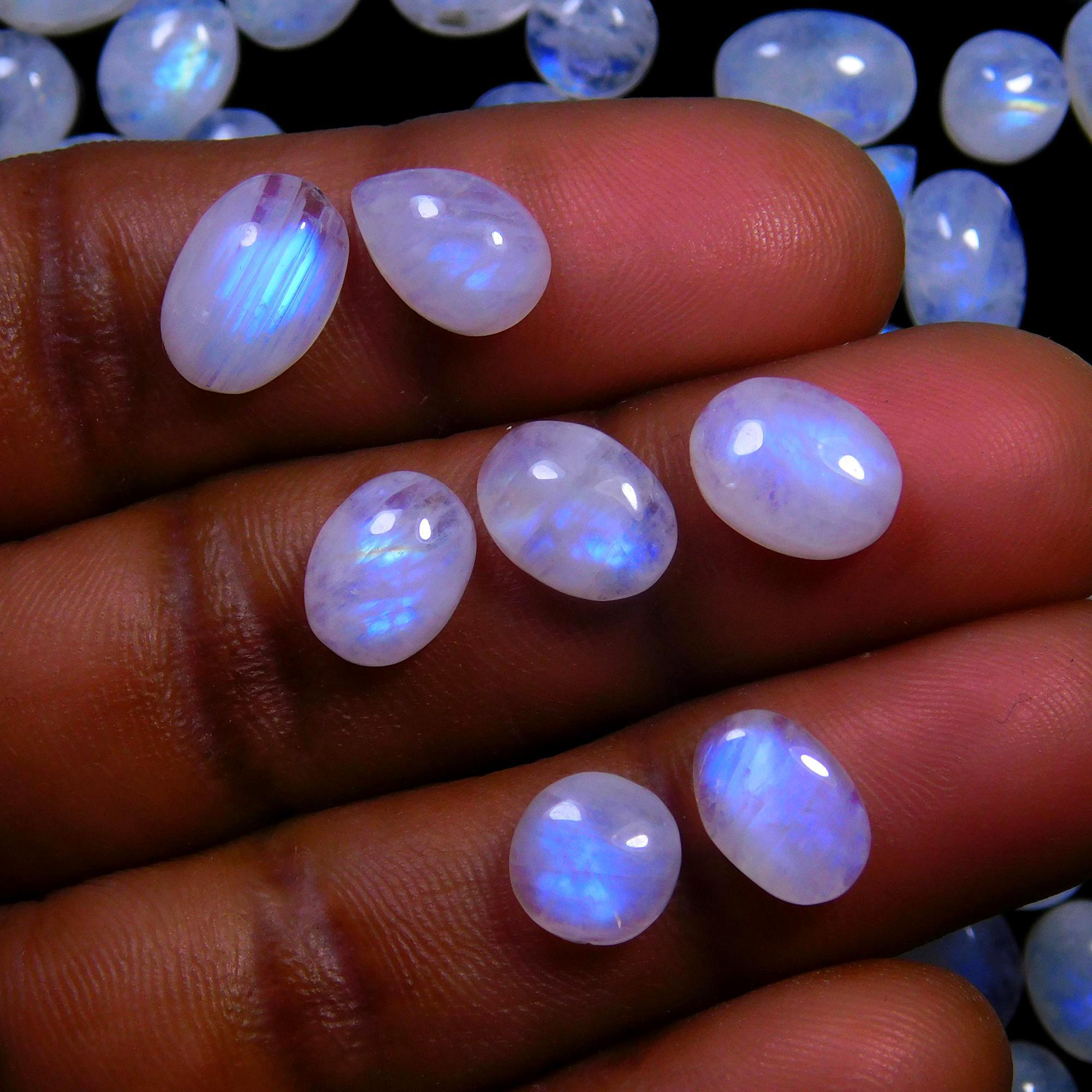 91 Pcs 205 Cts Natural Rainbow Moonstone Gemstone Cabochon Lot 6x8-6x13mm14039