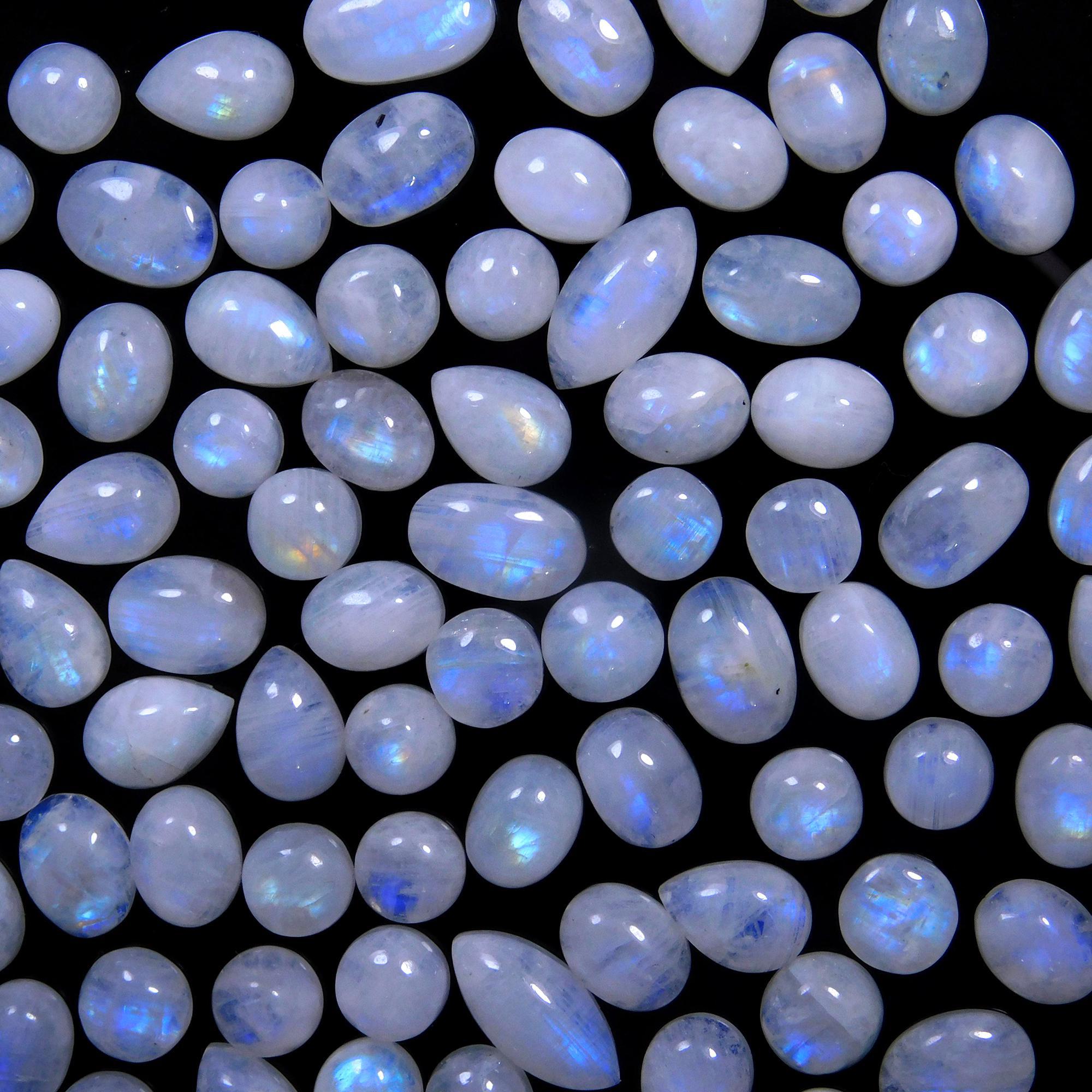 85 Pcs 200 Cts Natural Rainbow Moonstone Gemstone Cabochon Lot 6x8-7x13mm14040