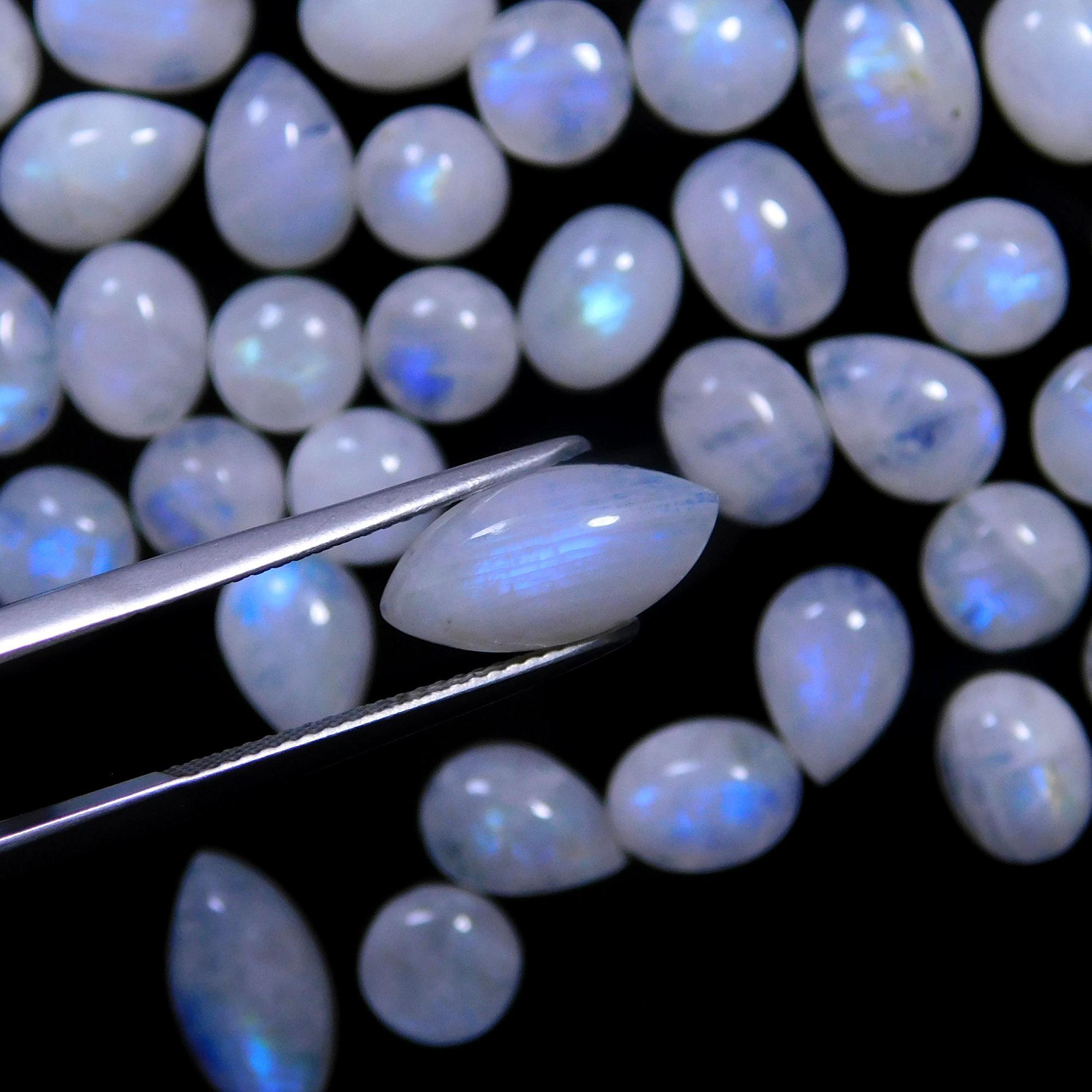 85 Pcs 200 Cts Natural Rainbow Moonstone Gemstone Cabochon Lot 6x8-7x13mmR-14040